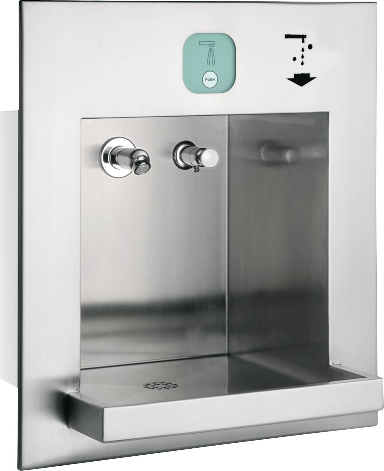 Ein wandmontierter Wasserspender aus Edelstahl mit einer Drucktaste zur Wasserausgabe und Anweisungen, die die Wasserfließrichtung angeben.