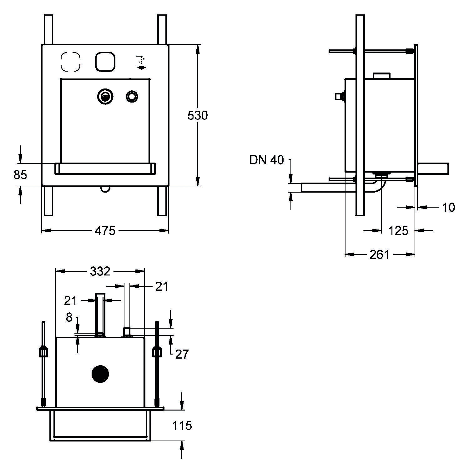 Technische Zeichnung einer Wandmontage-Einheit mit Abmessungen: 530 mm Höhe, 475 mm Breite, 261 mm Tiefe. Anschlüsse für Sanitärinstallationen gekennzeichnet.