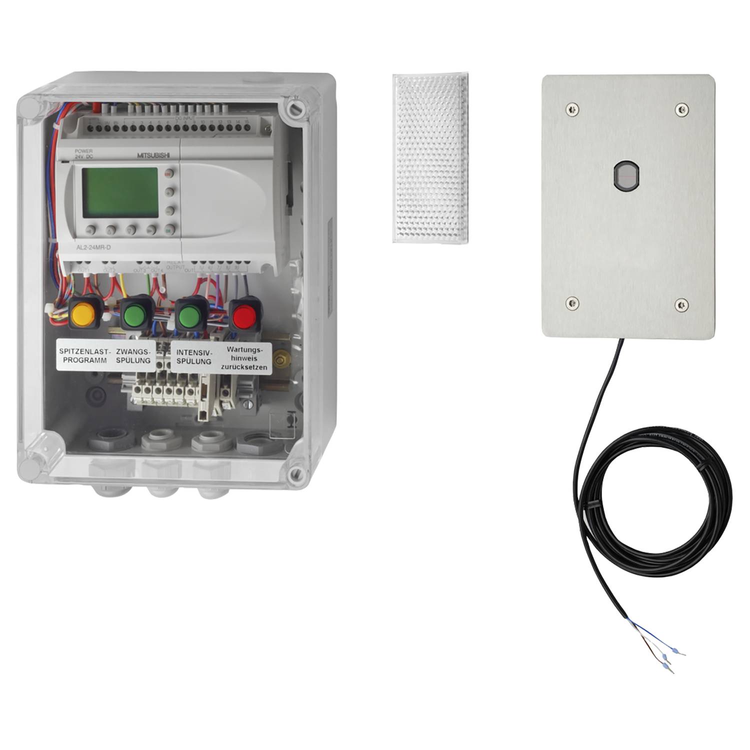 Eine wandmontierte elektronische Vorrichtung mit Tasten und Display, mit Kabeln verbunden, zur Steuerung von Belüftungssystemen.