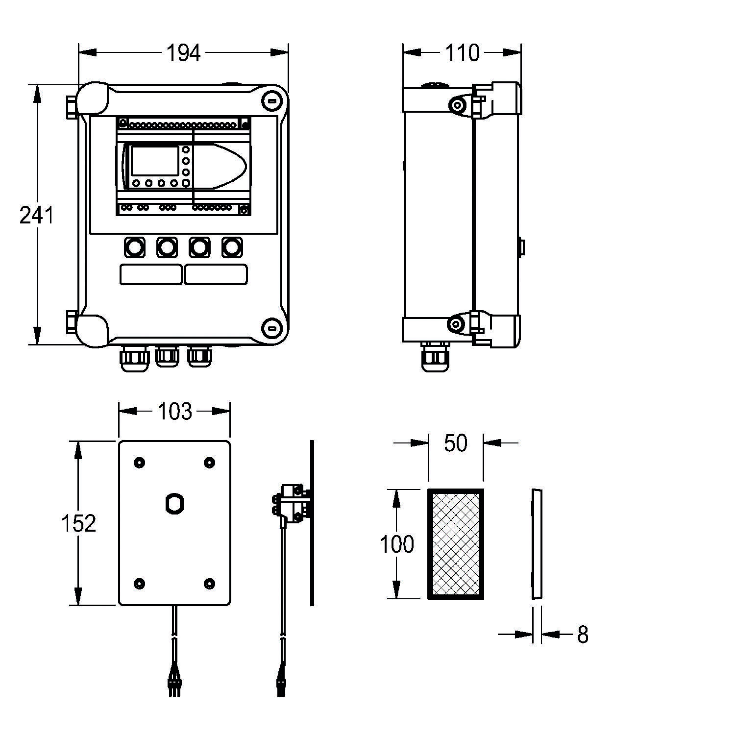 Technische Zeichnung mit Abmessungen eines elektronischen Steuerungskastens, mit Maßangaben: 241x194 mm für die Haupteinheit sowie zusätzliche Komponenten.