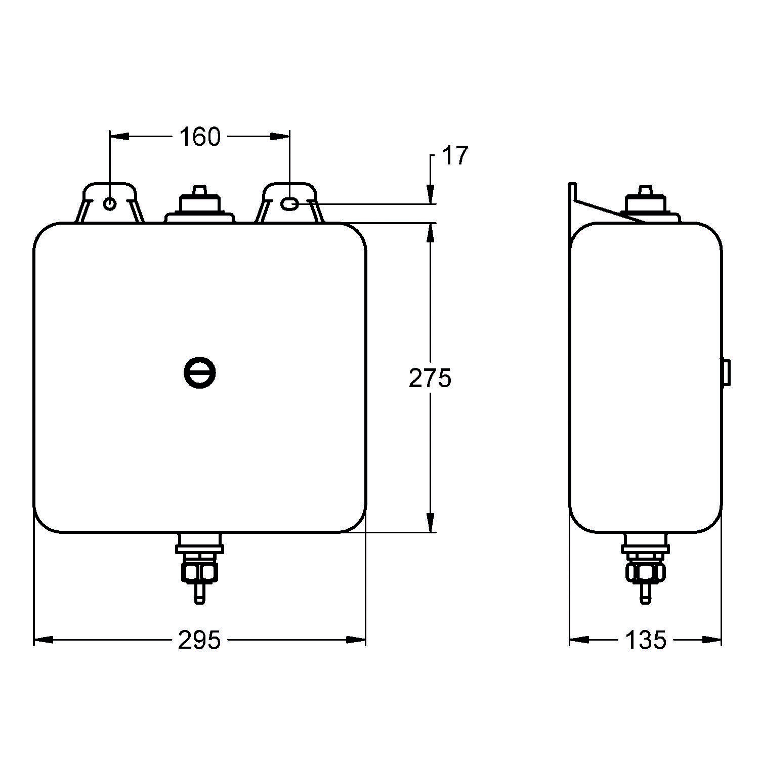 Diagramm eines rechteckigen Tanks mit Abmessungen: 295 mm Breite, 275 mm Höhe, 135 mm Tiefe. Oben befinden sich Anschlüsse, die 160 mm voneinander entfernt sind.