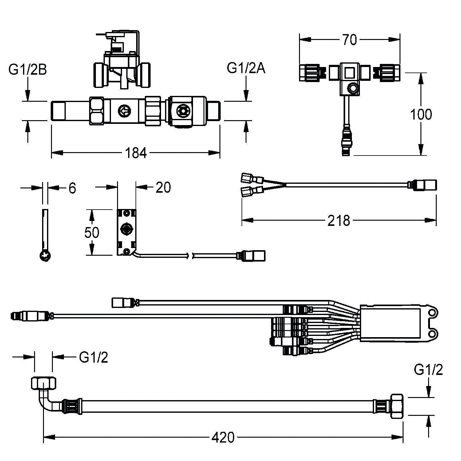 Technische Zeichnung eines hydraulischen Systems mit Abmessungen und Anschlussspezifikationen zur Installation. Enthält Messungen und Anschlussbezeichnungen, G1/2A und G1/2B.