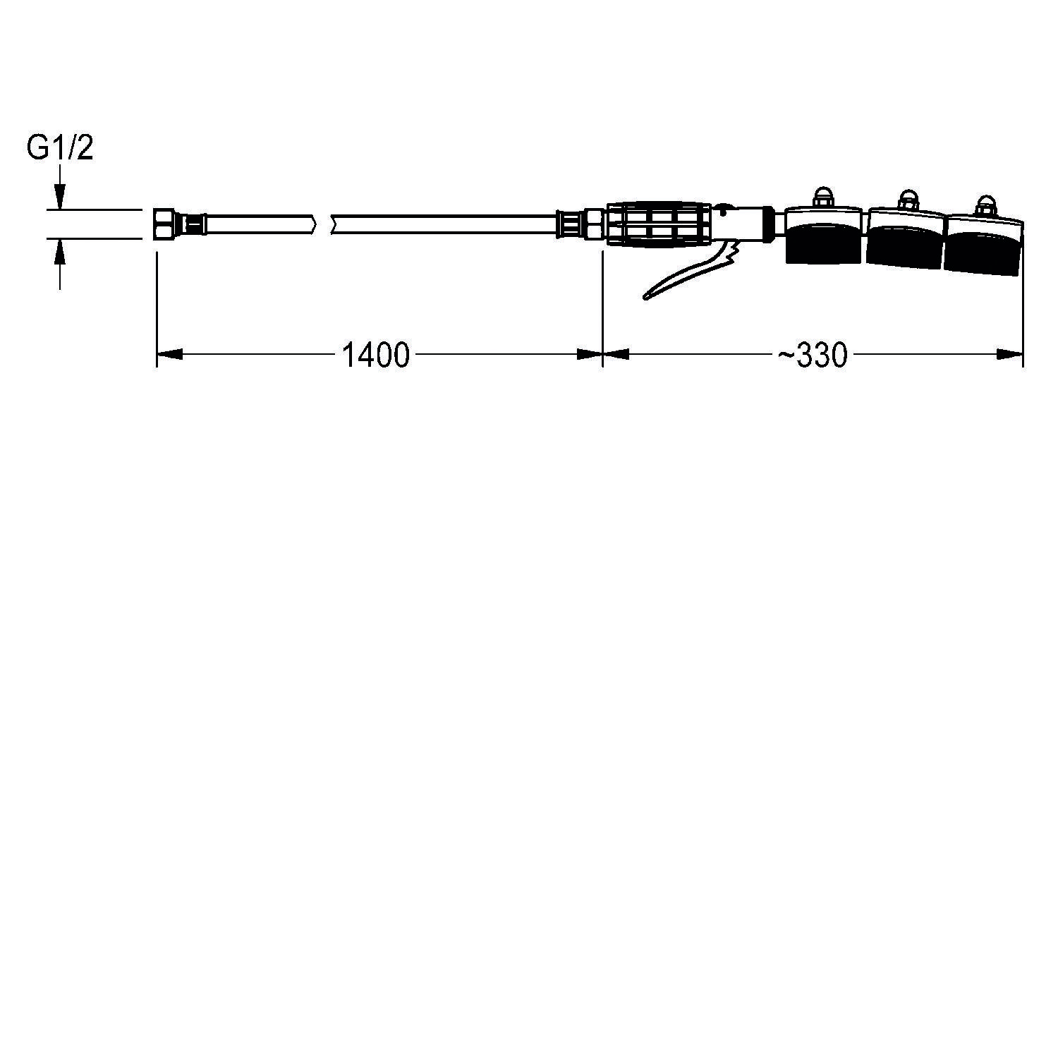 Technische Zeichnung eines Schlauchs mit einer Düse und drei Befestigungspunkten. Der Schlauch misst 1400 mm, und die Befestigungen befinden sich in etwa 330 mm voneinander entfernt.