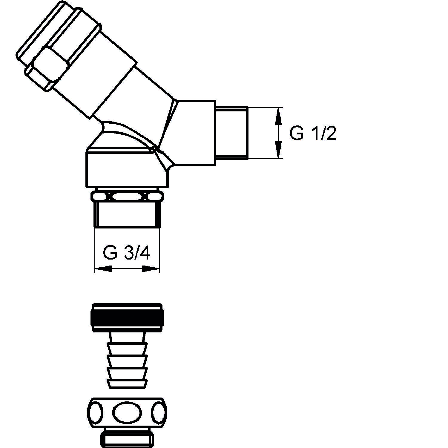 Eine Klempnerarmatur-Diagramm, das einen Verbinder mit Gewinden zeigt, die mit 'G 1/2' und 'G 3/4' beschriftet sind. Enthält eine Explosionszeichnung seiner Komponenten.