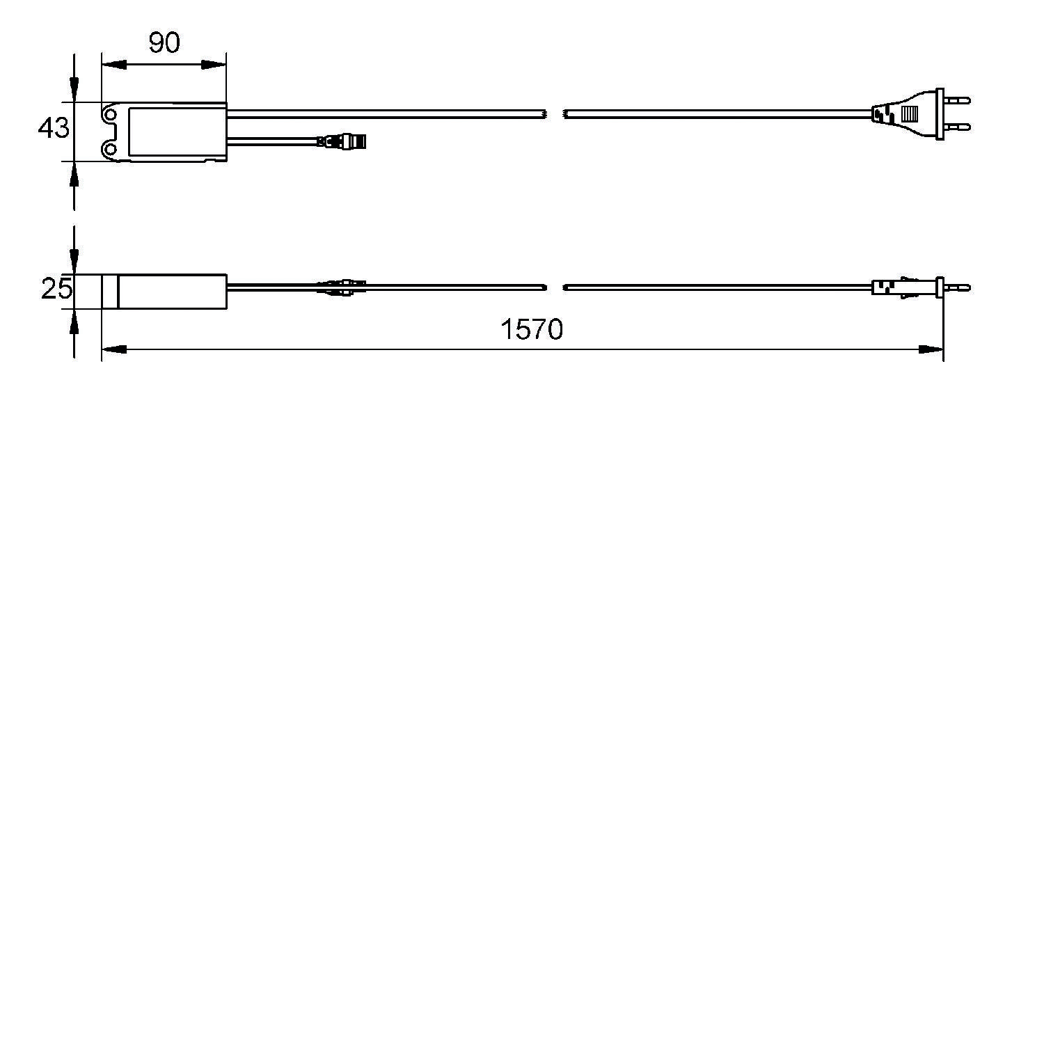 Technische Zeichnung eines Stromkabels mit Dimensionen: 90mm x 43mm Stecker, 1570mm Gesamtlänge, 25mm Durchmesser. Seiten- und Draufsicht dargestellt.