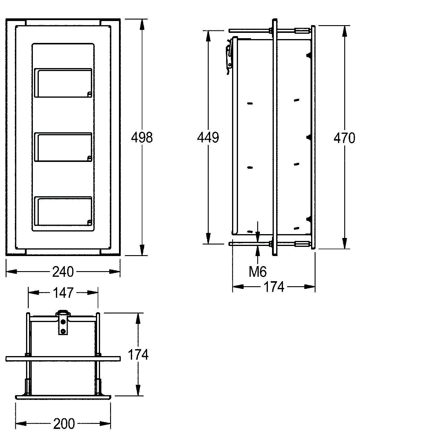 Technische Zeichnung einer Schachtel mit drei Fächern. Abmessungen: 498x240mm Frontansicht, 174mm Tiefe, Seitenansicht M6-Schrauben, 200mm Breite.