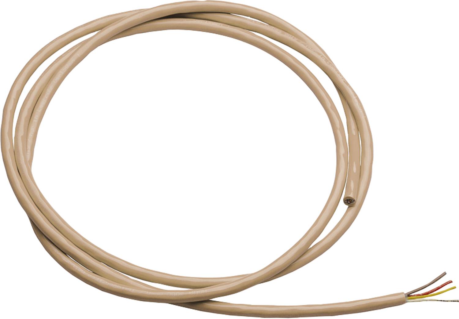 Ein aufgewickeltes beiges Kabel vor einem schwarzen Hintergrund, das ein einfaches Schleifendesign zeigt.