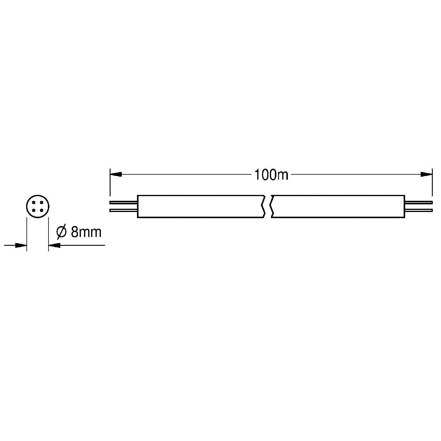 Diagramm einer 100 mm langen, 8 mm Durchmesser LED-Röhrenlampe mit Zweipins-Sockel.