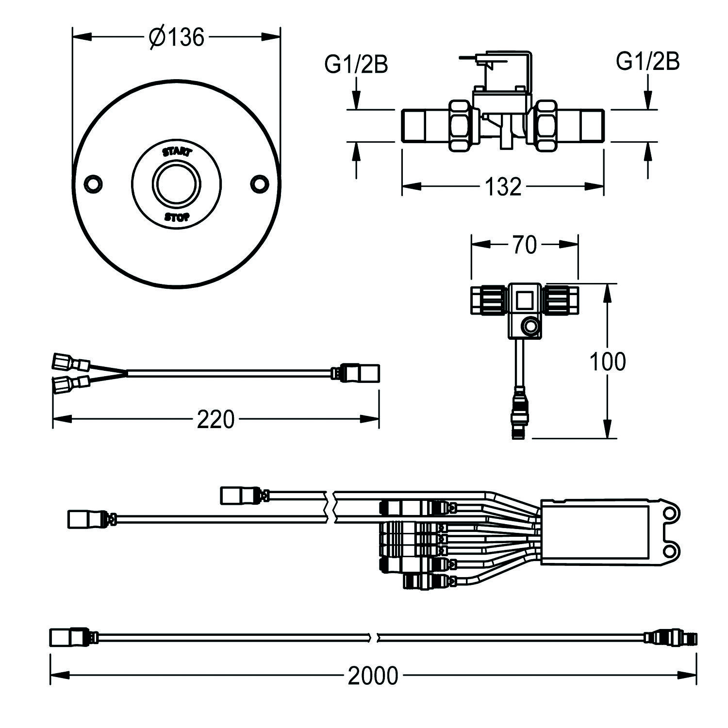 Klempnerdiagramm mit Ventildimensionen: 136 mm Durchmesser, 2 G1/2B-Anschlüsse und Verkabelung. Wichtige Maße: 100 mm, 220 mm, 2000 mm.