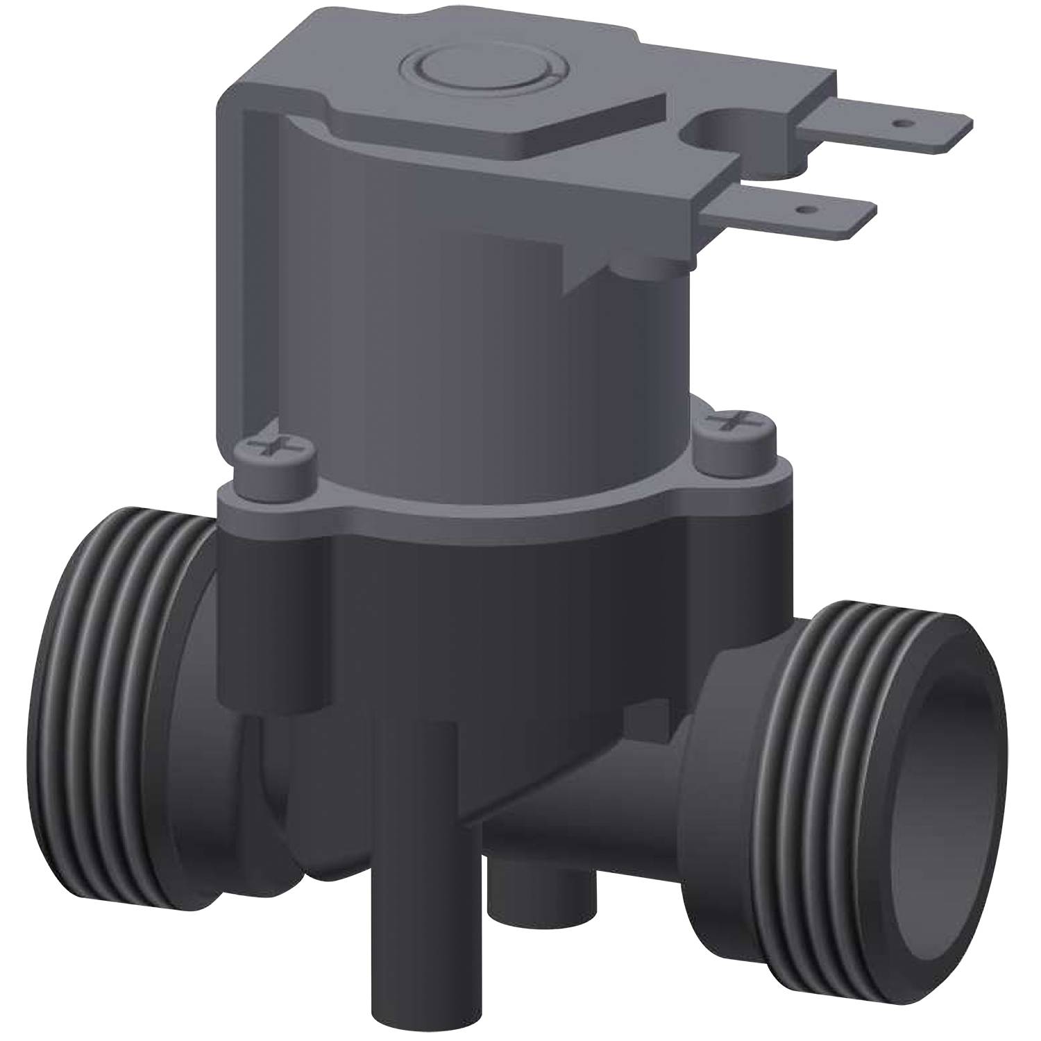 Ein dunkelgrauer Magnetventil mit zwei Gewindeöffnungen und einem elektrischen Anschluss oben. Verwendet zur Fluidflusssteuerung in Systemen.