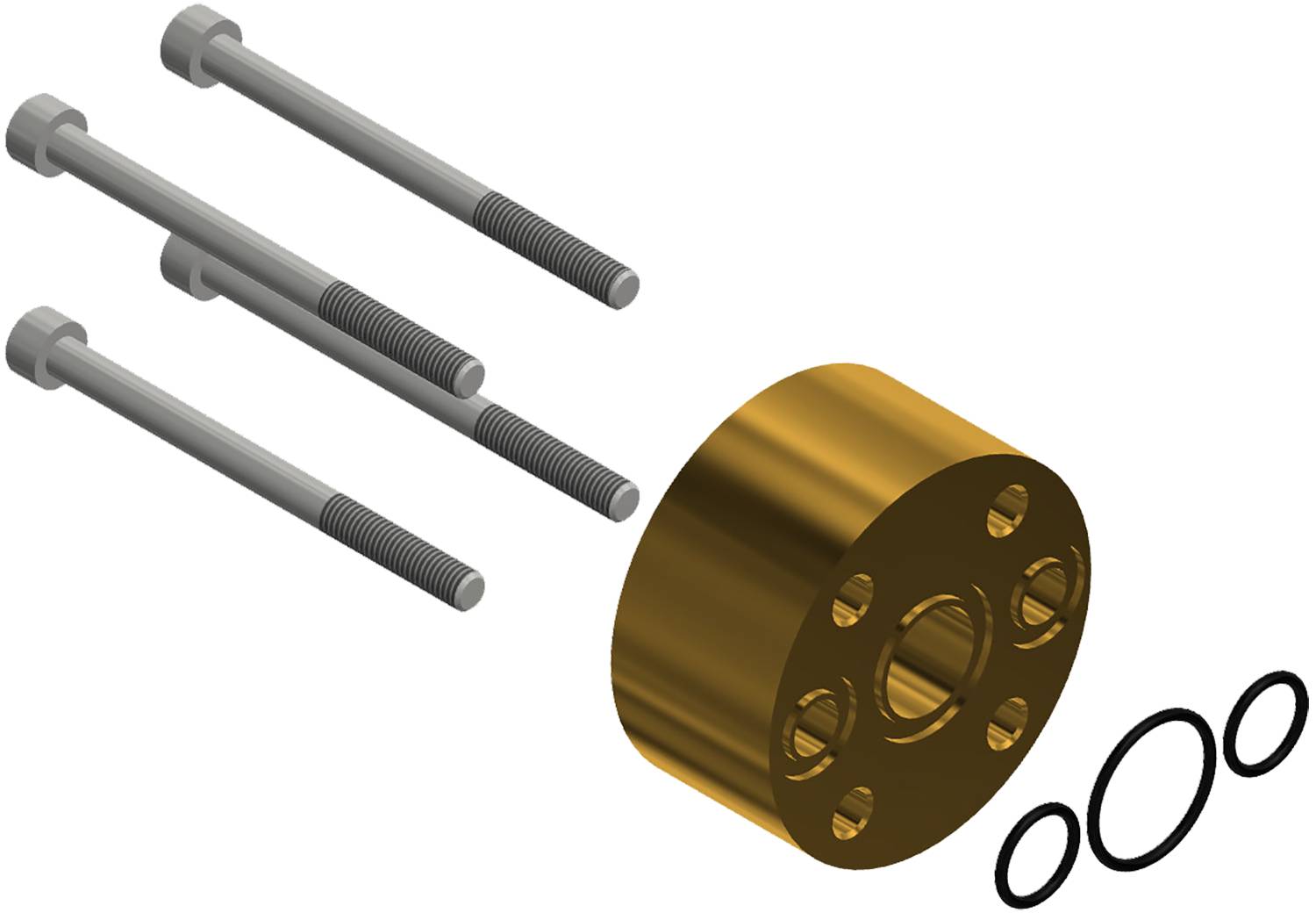 Drei silberne Stäbe horizontal nebeneinander ausgerichtet neben einem goldenen zylindrischen Stück mit mehreren Löchern, höchstwahrscheinlich Komponenten für eine mechanische Montage.
