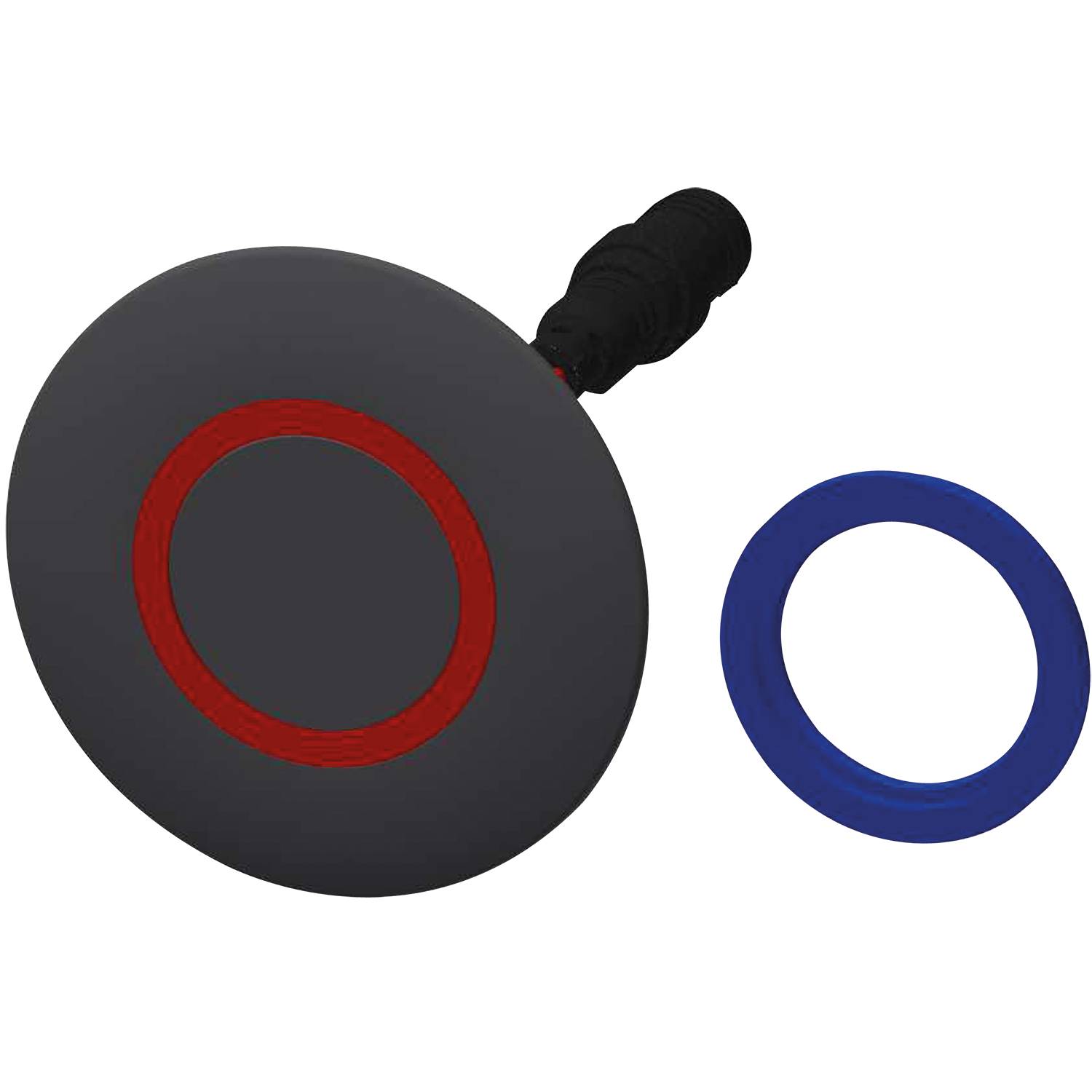 Ein rundes graues Objekt mit einem roten äußeren Kreis und einem Griff, neben einem separaten blauen Ring, auf einem schwarzen Hintergrund.