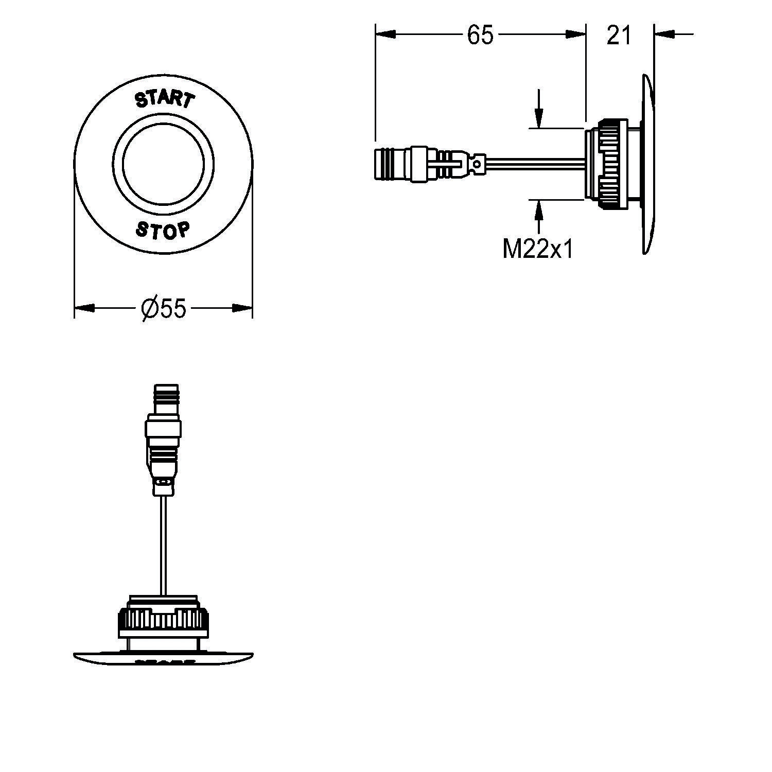 START STOP' Taste Schaltflächendiagramm mit Abmessungen: Draufsicht mit 55 mm Durchmesser, Seitenansicht mit 65 mm Tiefe und Gewindegröße M22x1.