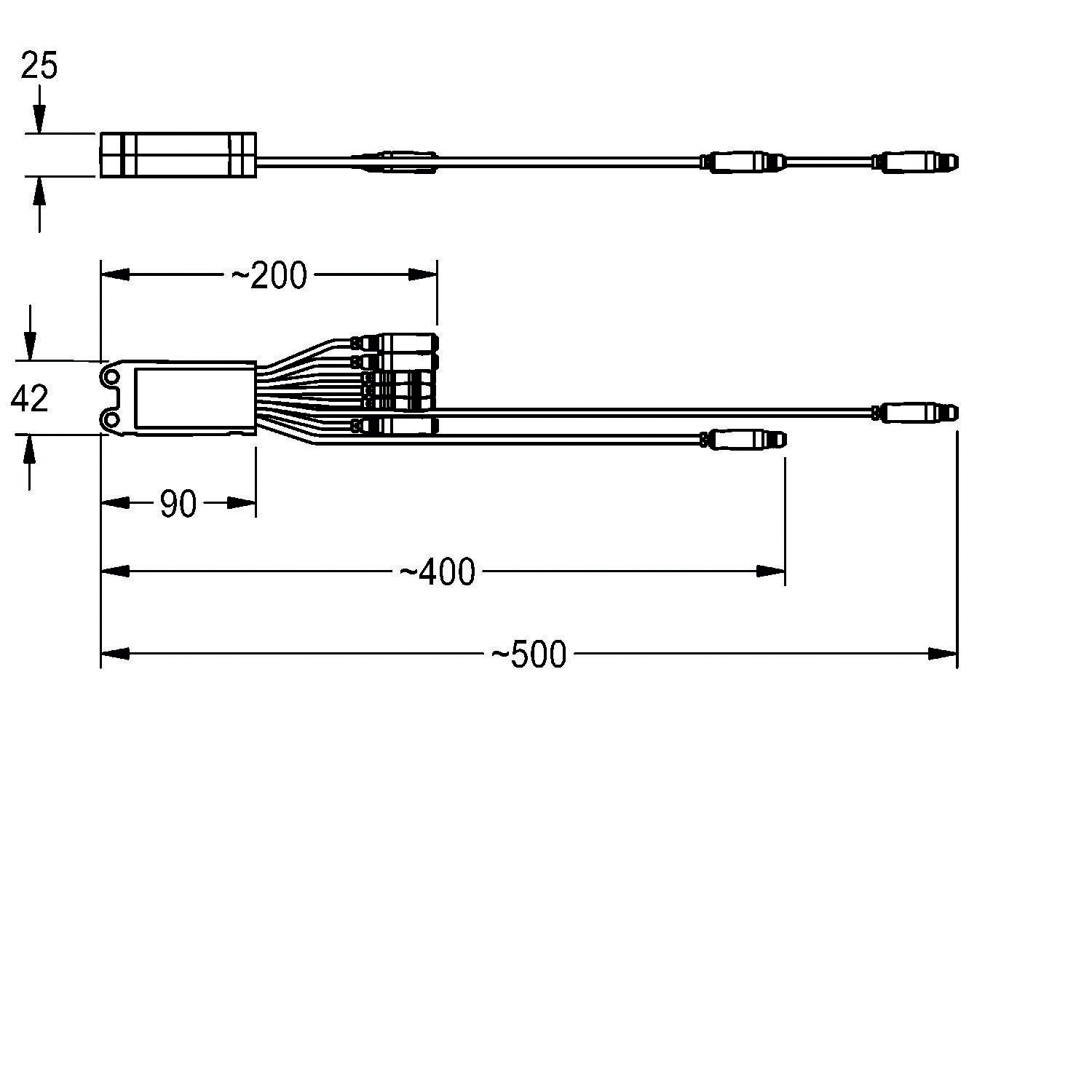 Technische Zeichnung eines Linearaktors mit Abmessungen: 25x42 mm Querschnitt, 200 mm Körperlänge und 500 mm ausgefahrene Länge.