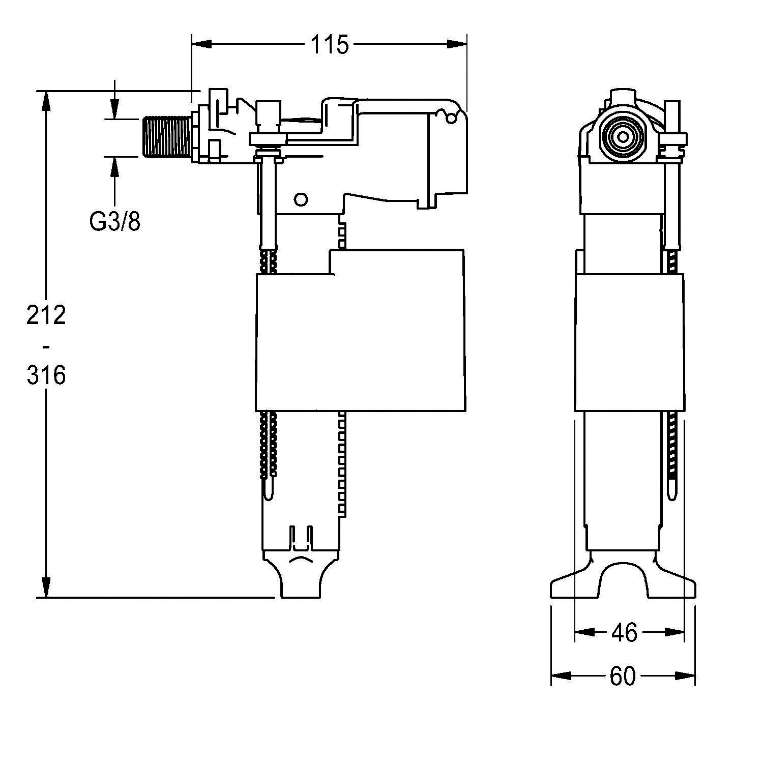 Technische Zeichnung einer Ventilbaugruppe, die Vorder- und Seitenansichten mit Maßangaben zeigt: Höhe 316 mm, Breite 60 mm, G3/8-Anschluss.