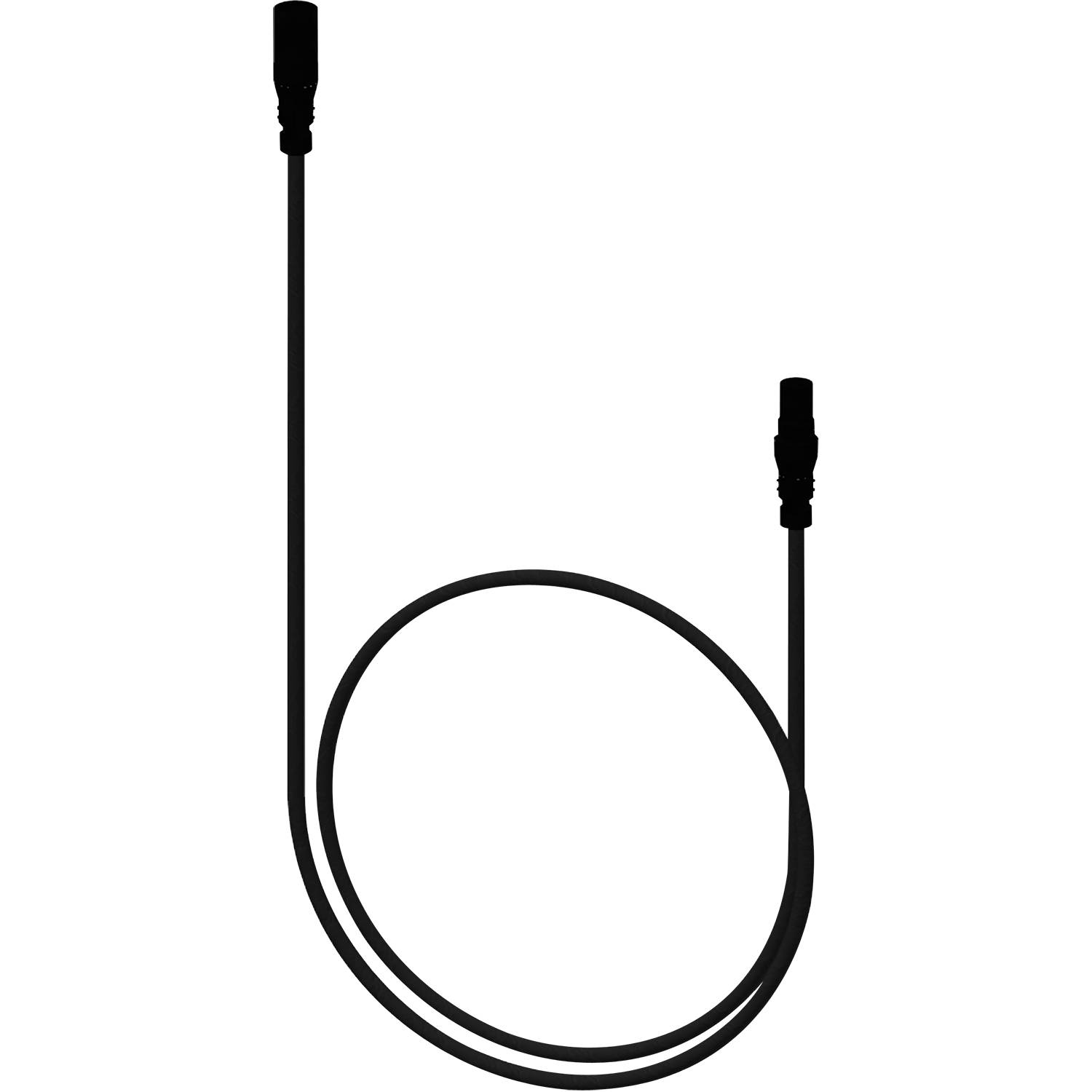 Ein gewickeltes schwarzes Kabel mit Anschlüssen an beiden Enden vor einem dunklen Hintergrund.