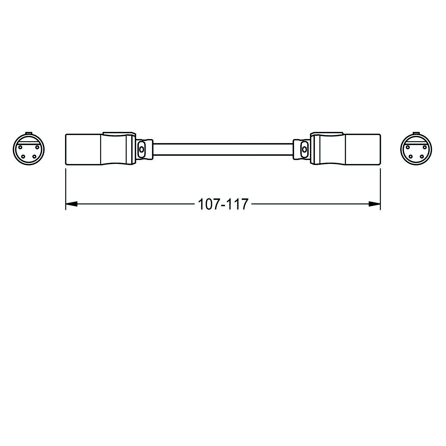 Verbindungskabel' Diagramm, das eine Kabellänge von 107-117 mm mit runden Anschlüssen an jedem Ende zeigt.