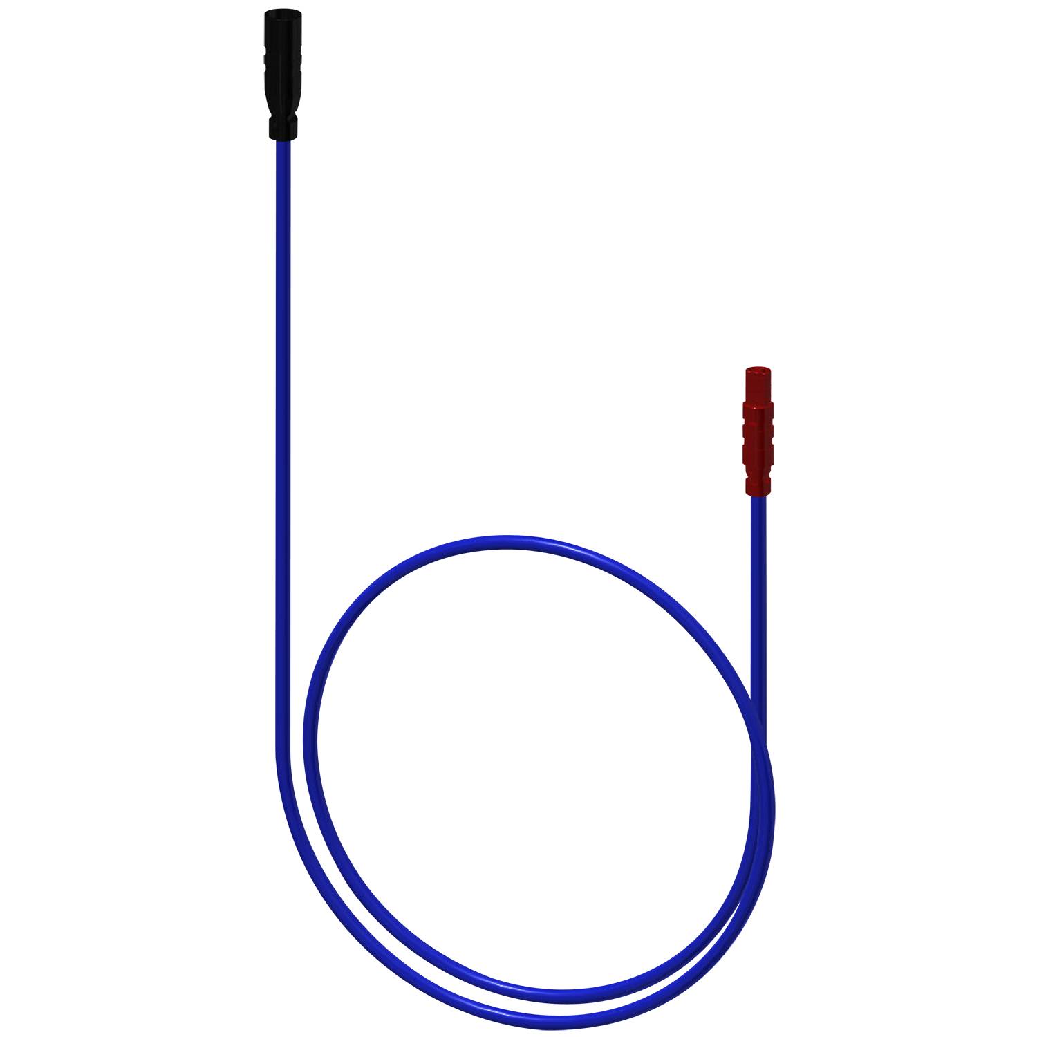 Ein aufgewickeltes blaues Kabel mit schwarzen und roten Anschlüssen an jedem Ende, vor einem schwarzen Hintergrund dargestellt.