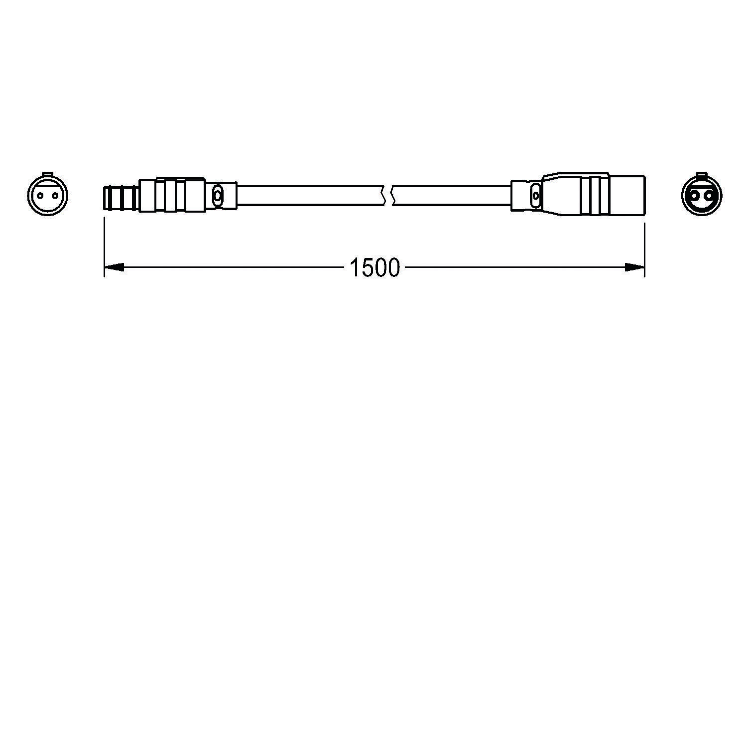 Elektrisches Kabeldiagramm, das eine Länge von 1500 mm zwischen zwei Anschlüssen zeigt, wobei jeder Anschluss in Seiten- und Frontansicht dargestellt ist.