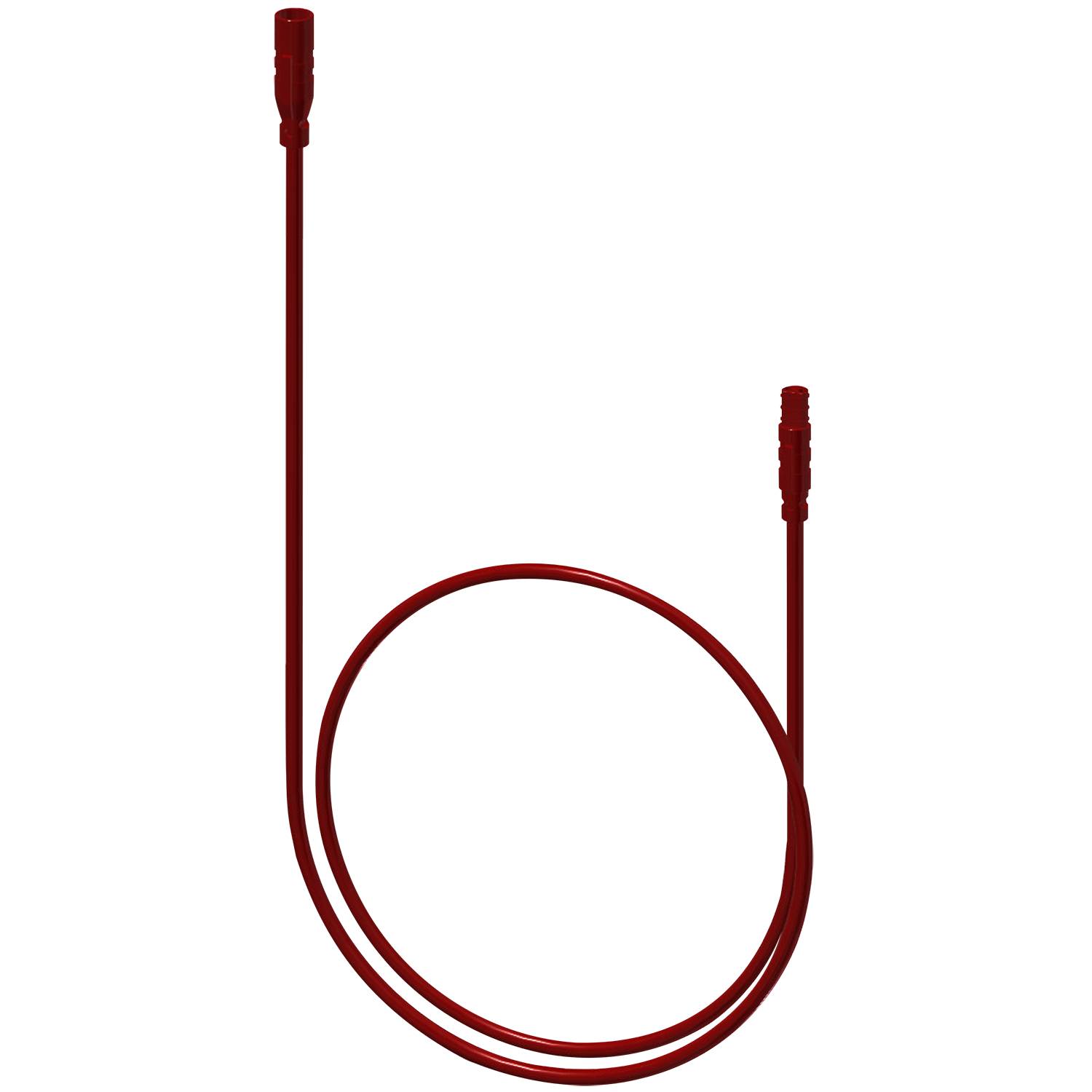 Ein aufgerolltes rotes Kabel vor einem schwarzen Hintergrund, mit sichtbaren Anschlüssen an beiden Enden.