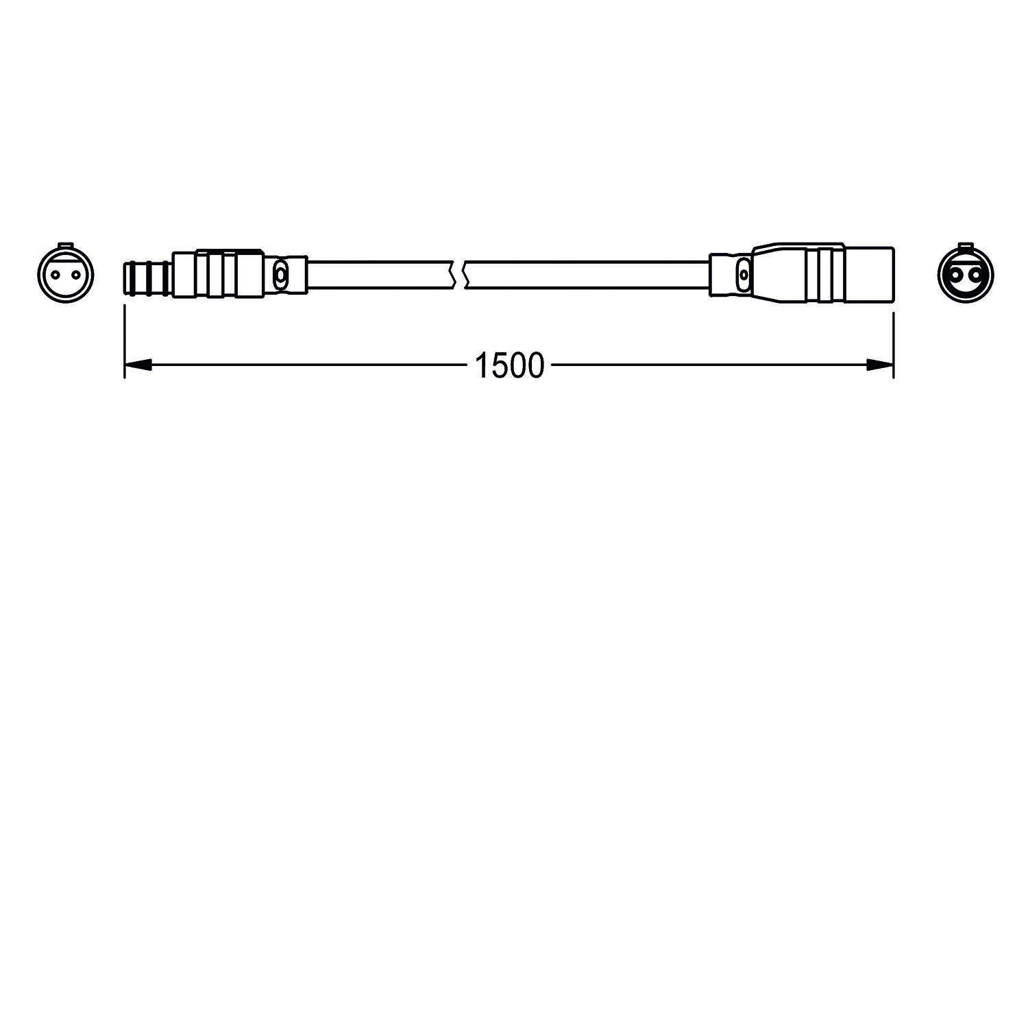 Eine Linienskizze eines Kabels mit einem Anschluss an jedem Ende, in der Mitte mit '1500' beschriftet, was die Kabellänge in Millimetern angibt.