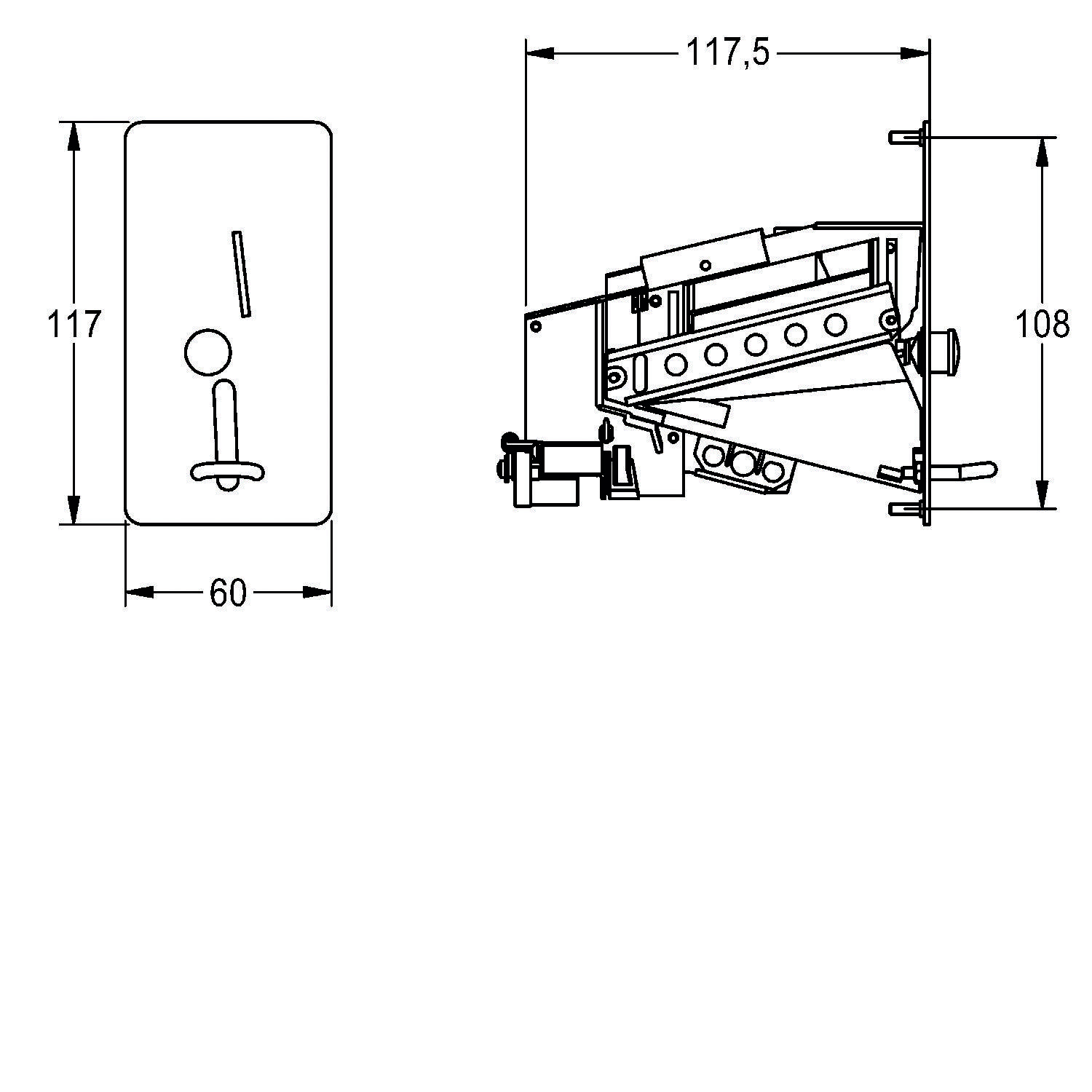 Eine technische Zeichnung, die die Abmessungen eines mechanischen Bauteils zeigt. Rechteckige Draufsicht mit 117x60 Maßangaben, Seitenansicht ist 117,5x108.