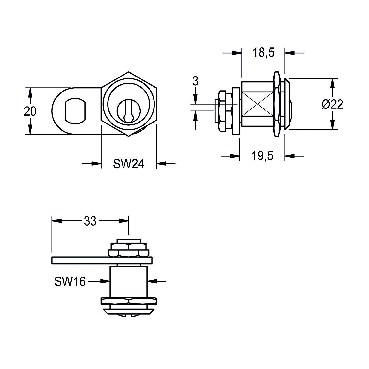 Technische Zeichnung einer Sechskantmutter-Schrauben-Anordnung mit folgenden Abmessungen: SW24 mit einer Länge von 19,5 mm, Durchmesser 22 mm und Höhe 18,5 mm.