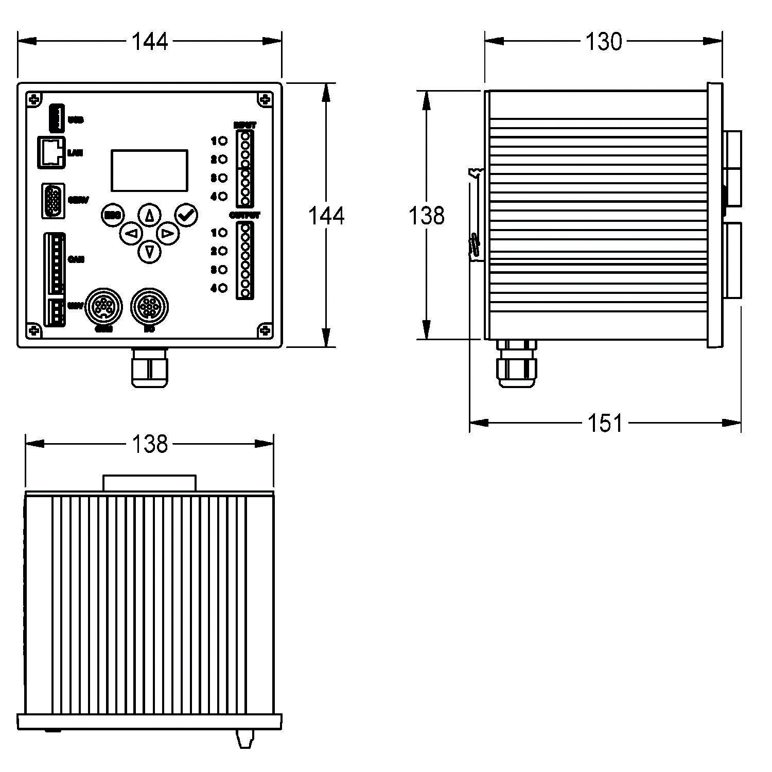 Technische Zeichnung eines elektronischen Geräts mit Abmessungen: Frontansicht 144x144, Seitenansicht 130x138, Bodenansicht 138x151.