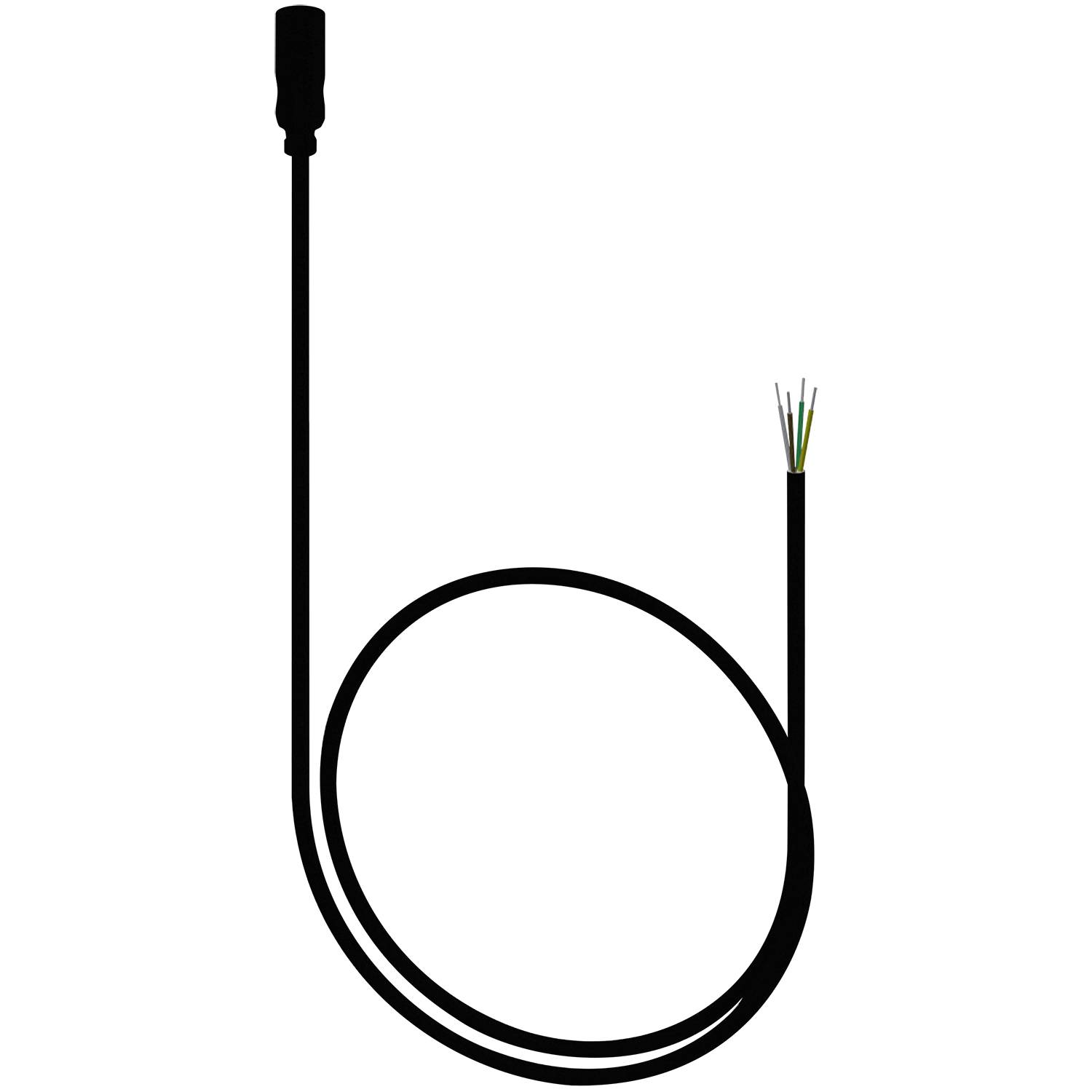 Ein schwarzes Kabel mit einem Anschluss an einem Ende und freigelegten Drähten am anderen Ende.
