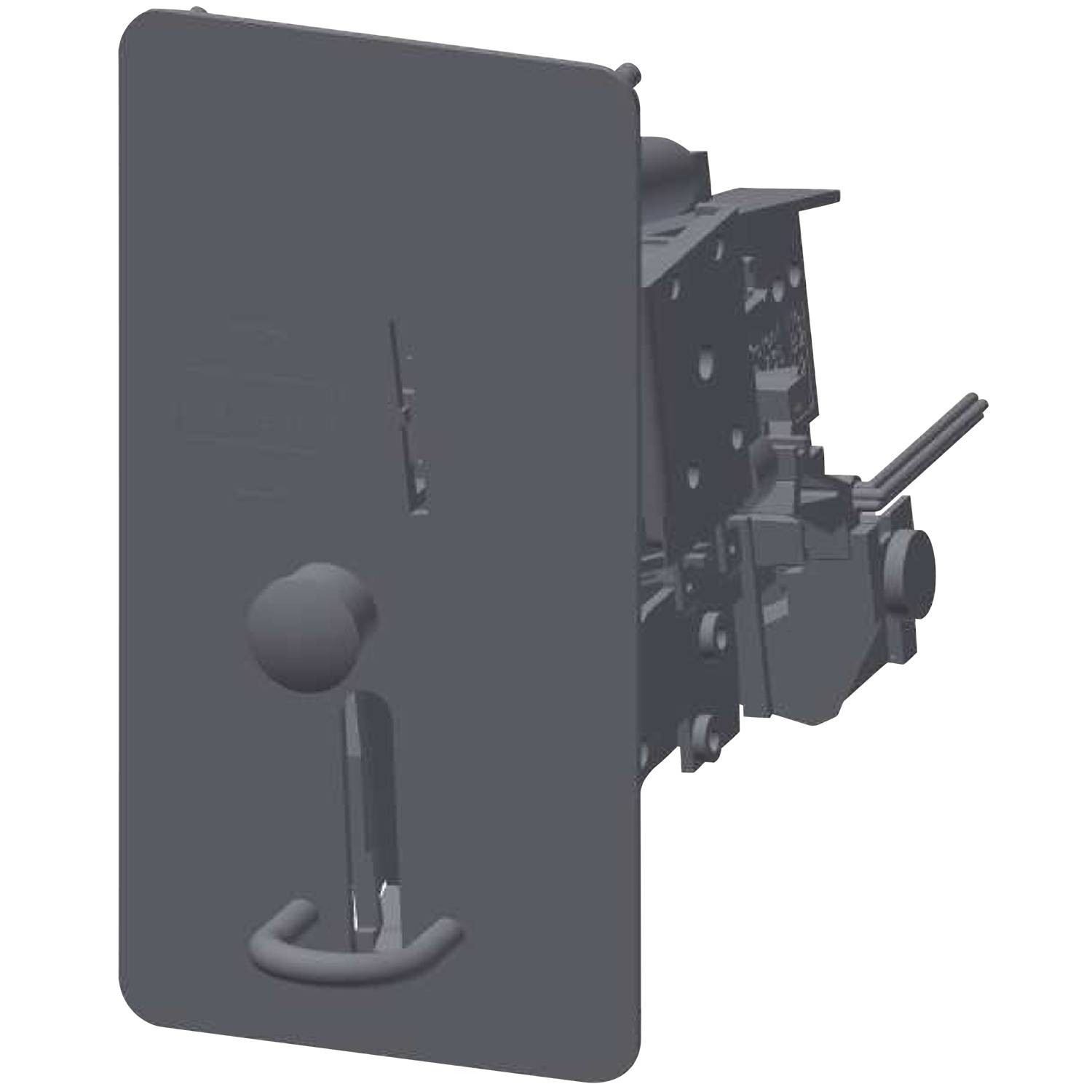 Ein schwarzes mechanisches Gerät, das auf einer dunklen Oberfläche montiert ist und einen Hebel sowie mehrere Komponenten aufweist, das möglicherweise für elektrische oder Steuerungszwecke verwendet wird.