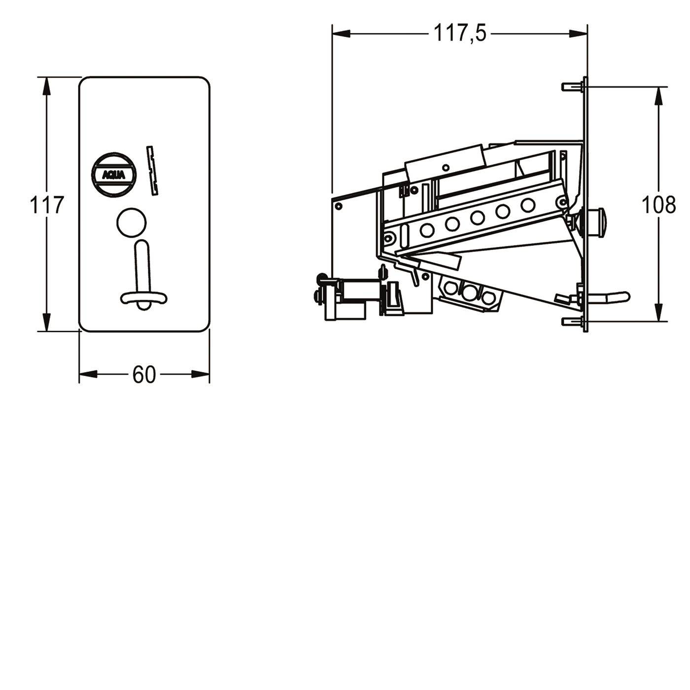 Technische Zeichnung einer wandmontierten mechanischen Vorrichtung mit Front- und Seitenansicht sowie folgenden Abmessungen: 117,5 mm Breite, 117 mm Höhe, 108 mm Tiefe und 60 mm Sockelbreite.