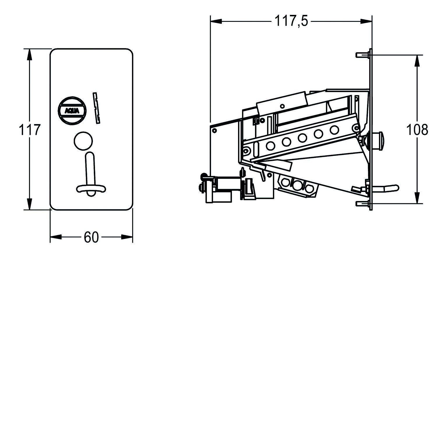 Diagramm eines Schiebetürmechanismus mit Abmessungen: 117 mm Breite, 117,5 mm Tiefe, 108 mm Höhe. Seiten- und Frontansicht dargestellt.
