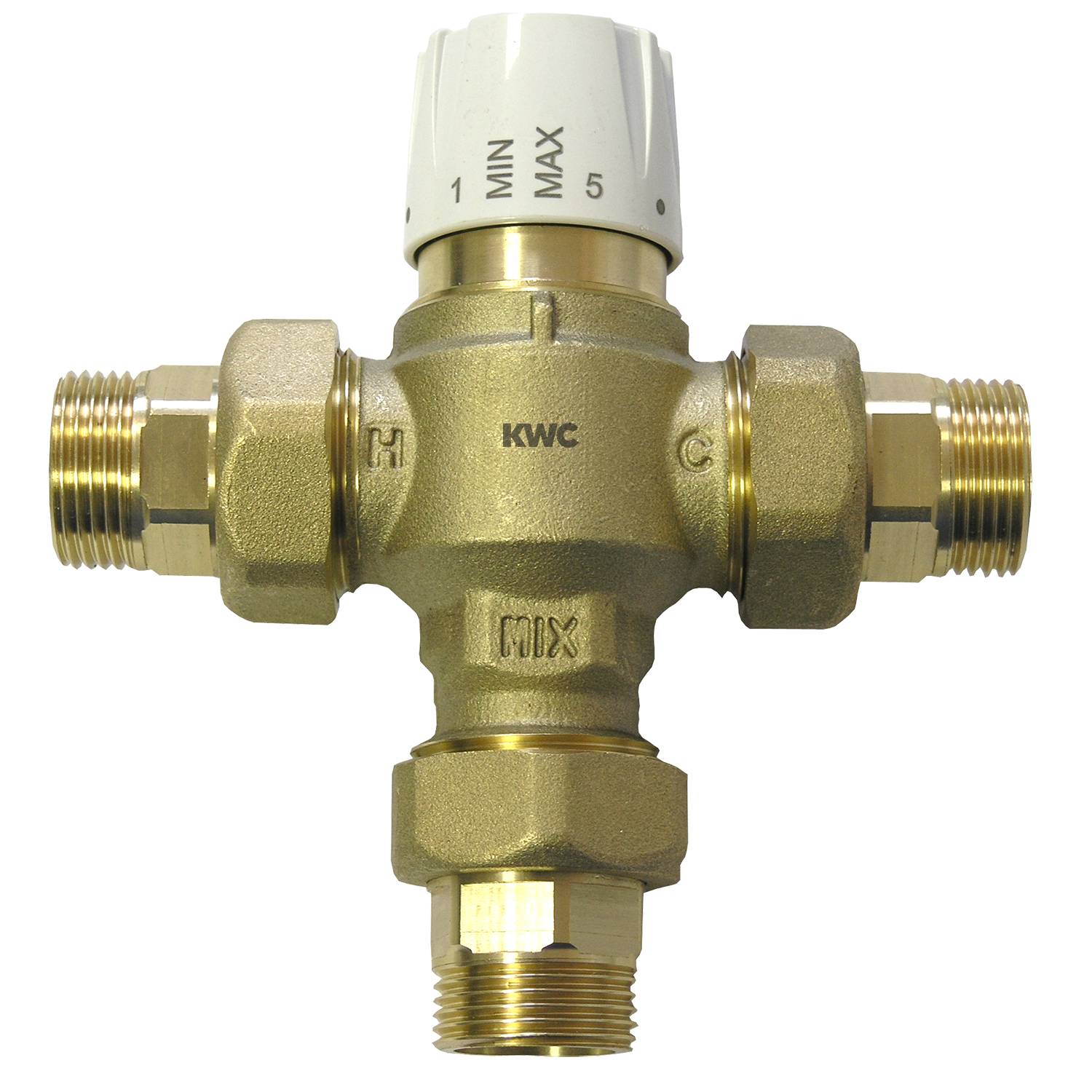 Messing-Thermostat-Mischventil mit Skala von MIN bis MAX und Markenname KWC.