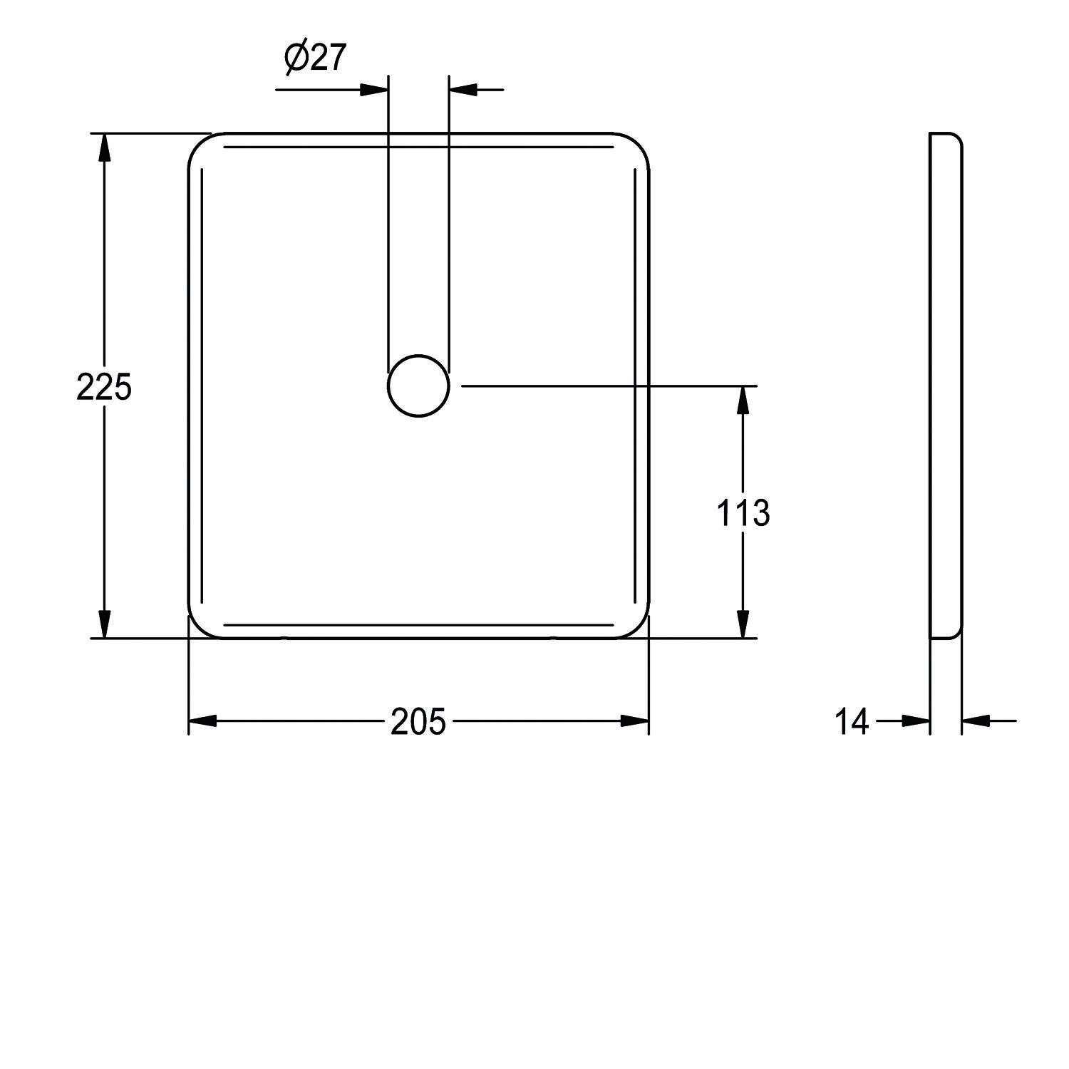 Technische Zeichnung einer quadratischen Platte mit zentriertem Loch. Abmessungen: 225 mm Höhe, 205 mm Breite, 14 mm Dicke, 27 mm Lochdurchmesser.