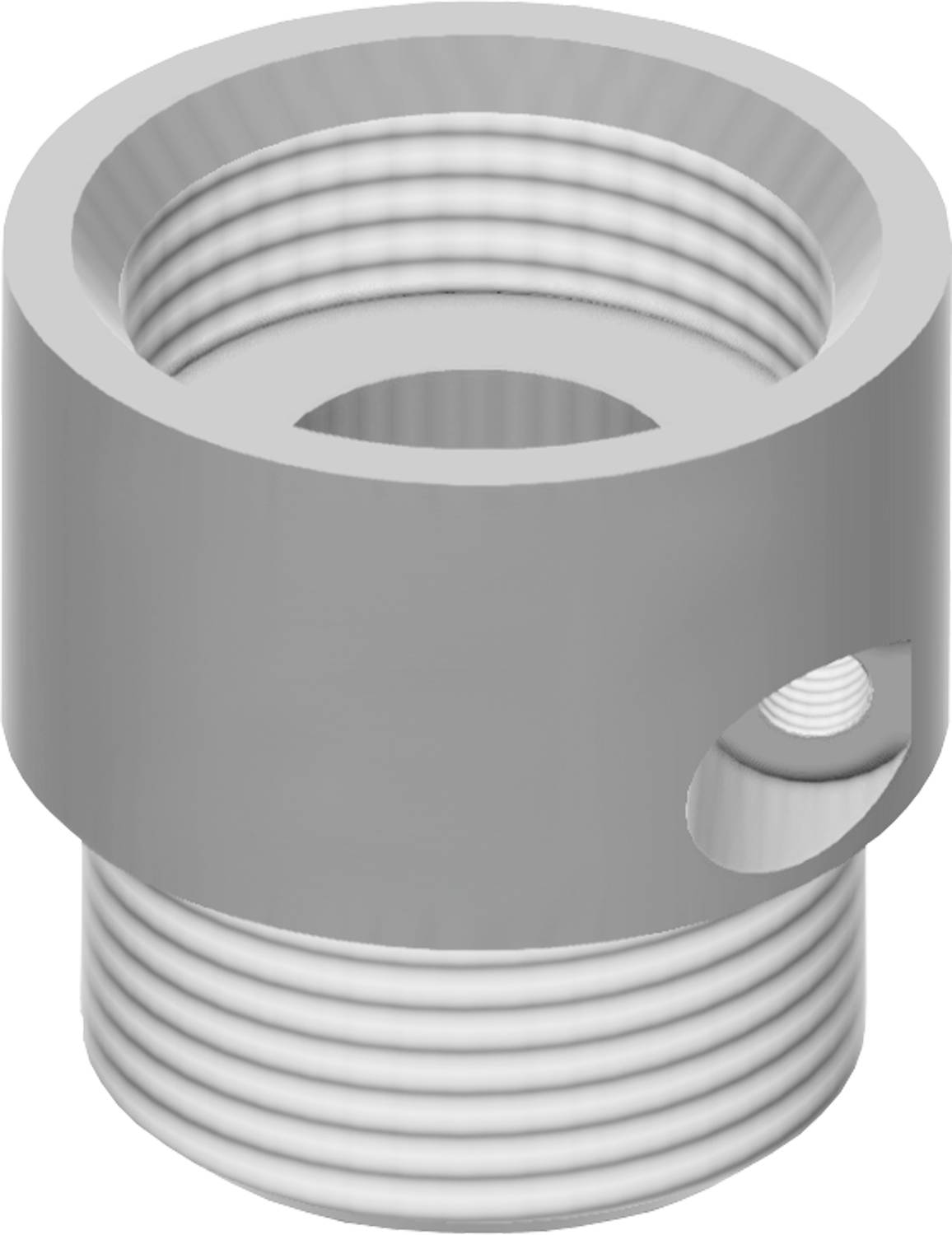Ein gewindeter Metallzylinder mit einem seitlichen Loch, der einem Verbinder oder Anschlusskomponente ähnelt.