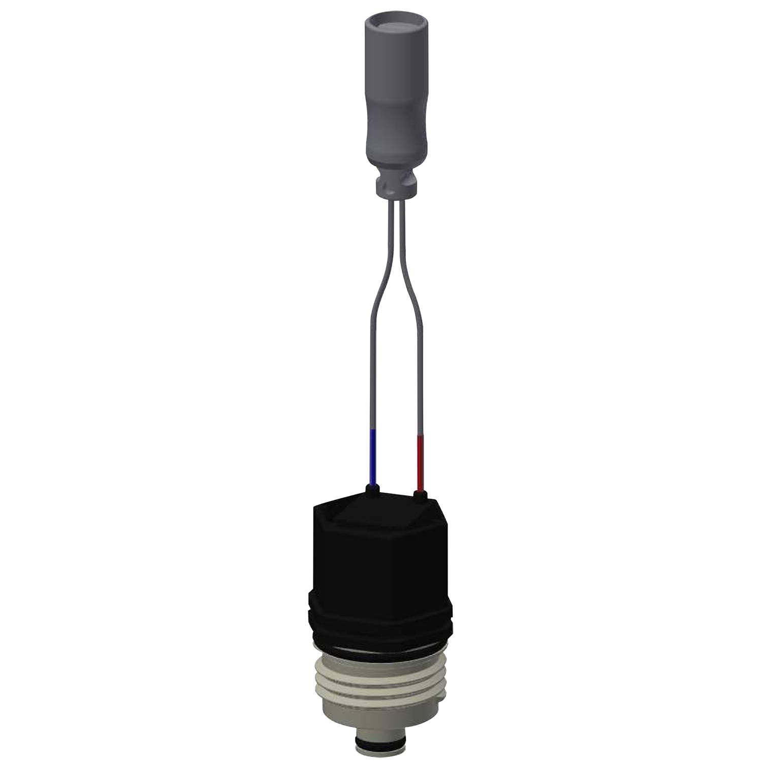 Ein elektrischer Verbinder mit zwei Leitungen und einem Schutzgehäuse, der für sichere Verbindungen in elektronischen Geräten oder Maschinen verwendet wird.