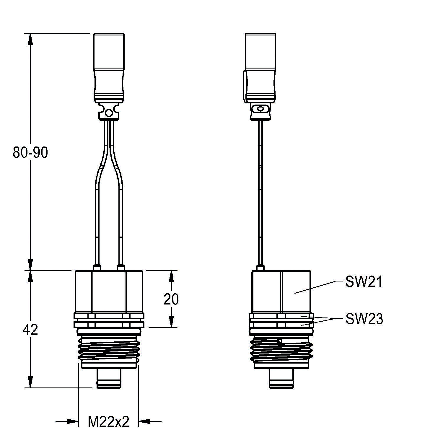 Technische Zeichnung mit zwei ähnlichen Teilen, gekennzeichnet als 'SW21' und 'SW23'. Maßangaben zeigen Höhenbereiche von 80-90, 42 und 20 Millimetern mit M22x2 Gewinde.