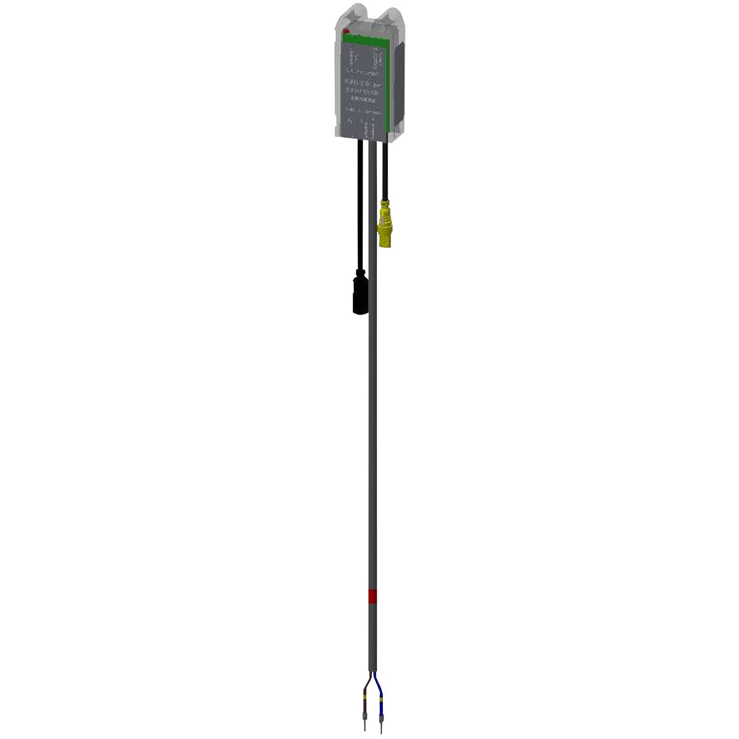Ein langes, schlankes graues und schwarzes Objekt mit einem rechteckigen Oberteil, auf dem elektrische Symbole dargestellt sind, und einem gelben Steckeradapter an der Seite.