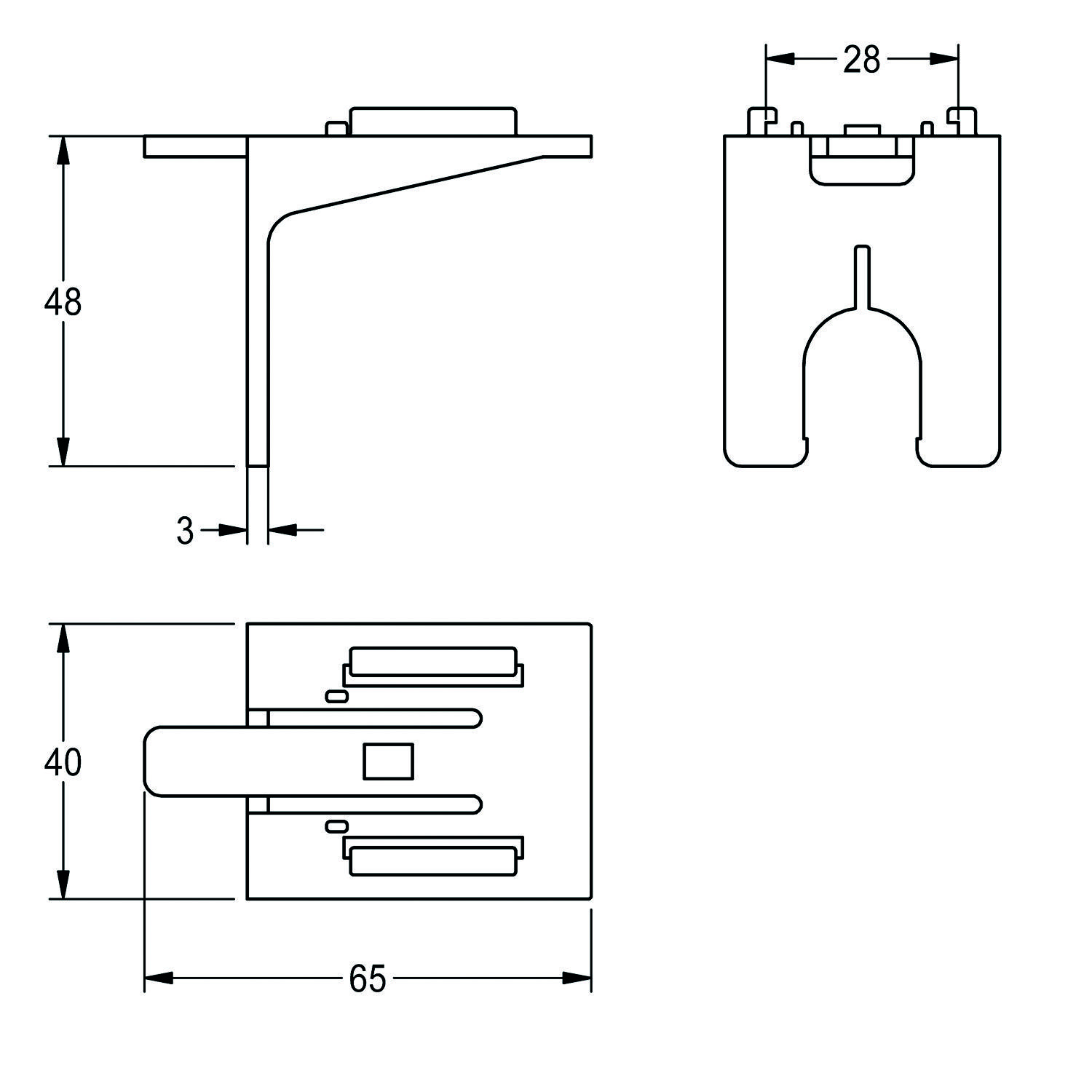 Technische Zeichnung einer Halterung mit Abmessungen: Höhe 48 mm, Breite 3 mm, Lochdurchmesser 28 mm, Basis 40 mm und Länge 65 mm. Ansichten von oben und der Seite dargestellt.
