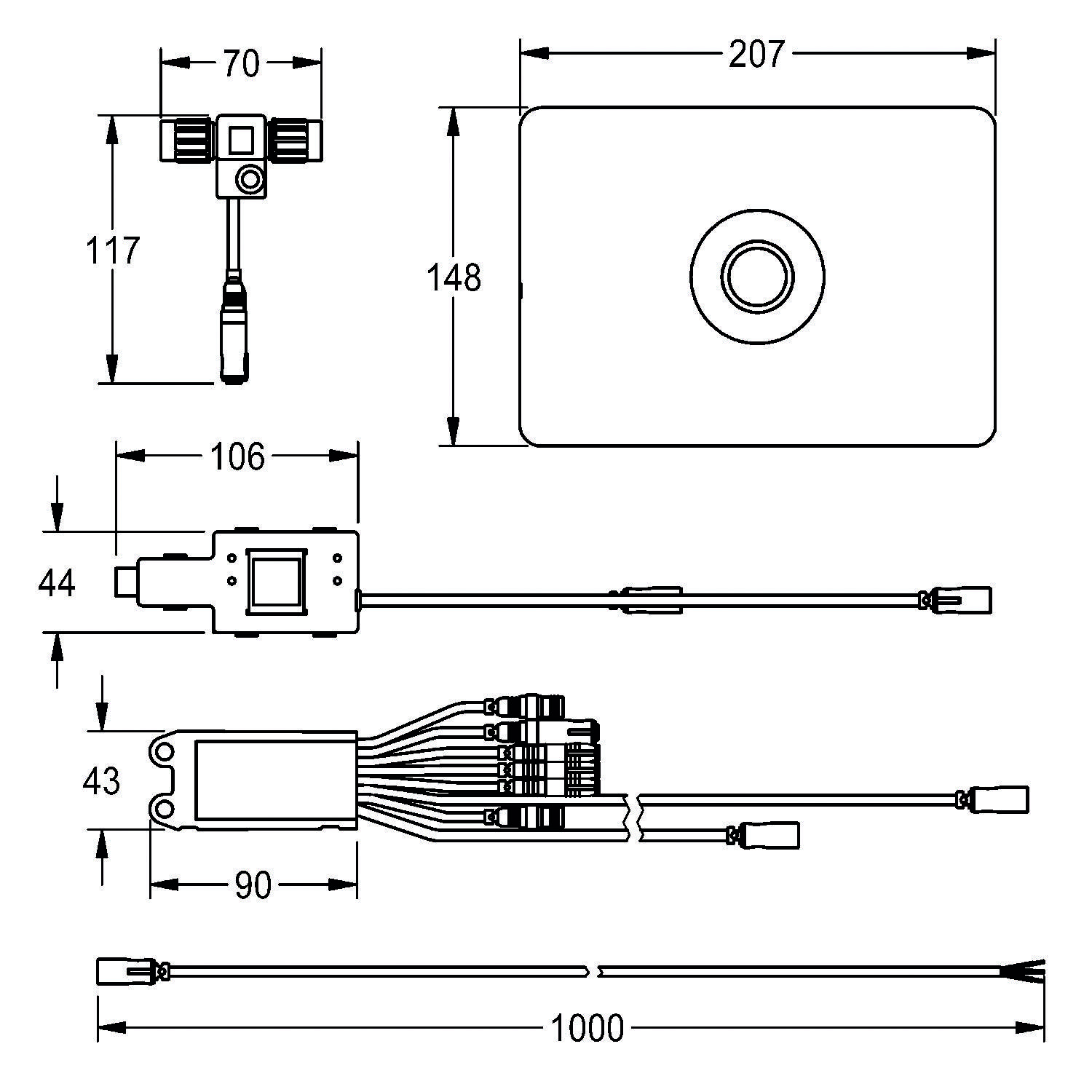 Technische Zeichnung mit Abmessungen einer elektronischen Komponentenanordnung, einschließlich Verdrahtung und Anschlussspezifikationen, in Millimetern.