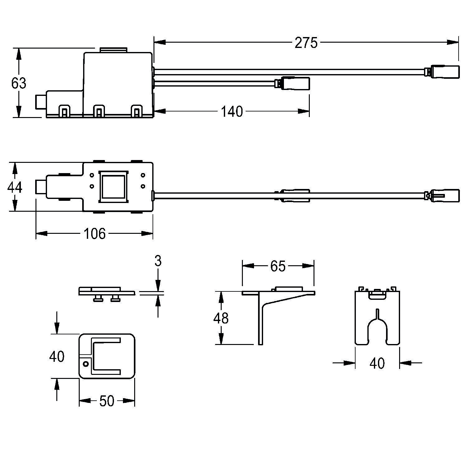 Technische Zeichnung einer elektronischen Komponente mit beschrifteten Abmessungen: 275 mm, 140 mm, 63 mm, 106 mm, 65 mm, 48 mm, 44 mm, 40 mm, 50 mm, 3 mm.