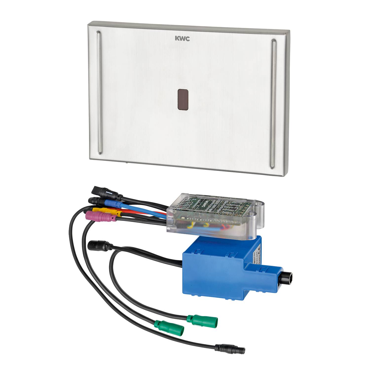 Eine wandmontierte elektronische Wasserhahn-Schnittstelle von KWC mit sichtbarer Verkabelung und einer blauen Steuerungseinheit, die für berührungsloses Wasserspenden konzipiert ist.