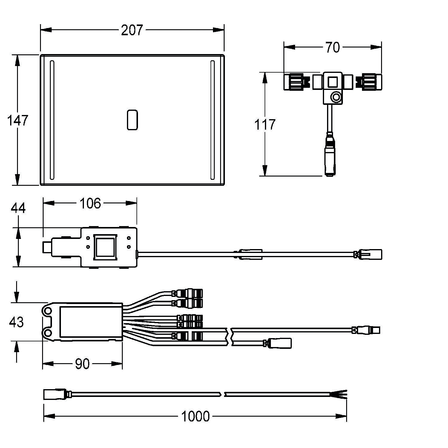 Technische Zeichnung mit Abmessungen eines rechteckigen Geräts: 207x147mm, enthält Anschlussanordnung und Kabellängen von 90mm und 1000mm.