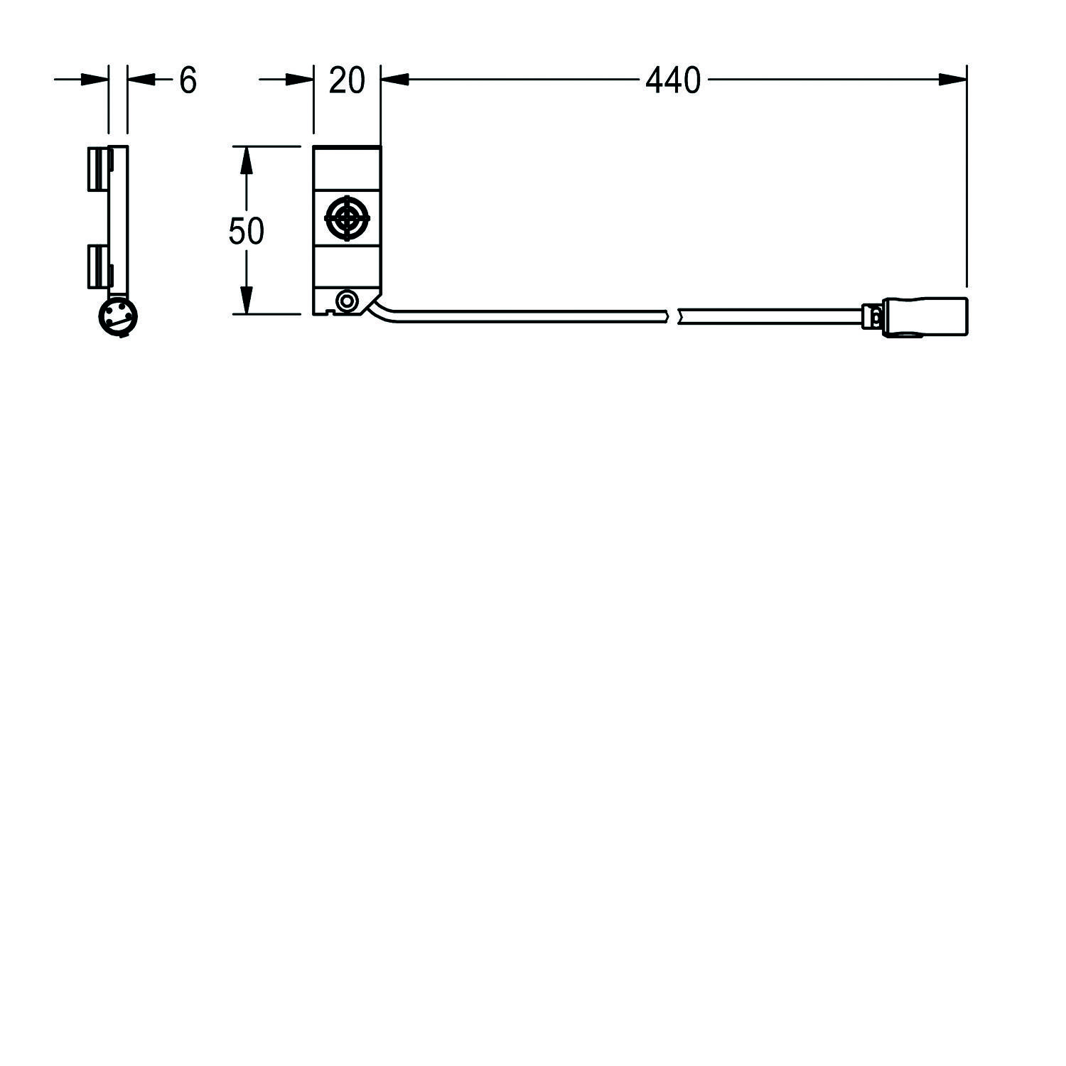 Technische Zeichnung eines Sensors mit Messungen: 6 mm Breite, 20 mm Höhe, 440 mm Länge, mit einem Anschluss am Ende.