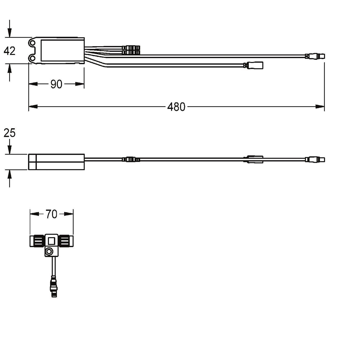 Technische Zeichnung einer Kabelgruppe mit Steckverbinderdimensionen: 480 mm Gesamtlänge, 90 mm Gehäuselänge, 42 mm Höhe, 25 mm Durchmesser und 70 mm Steckverbinder breite.