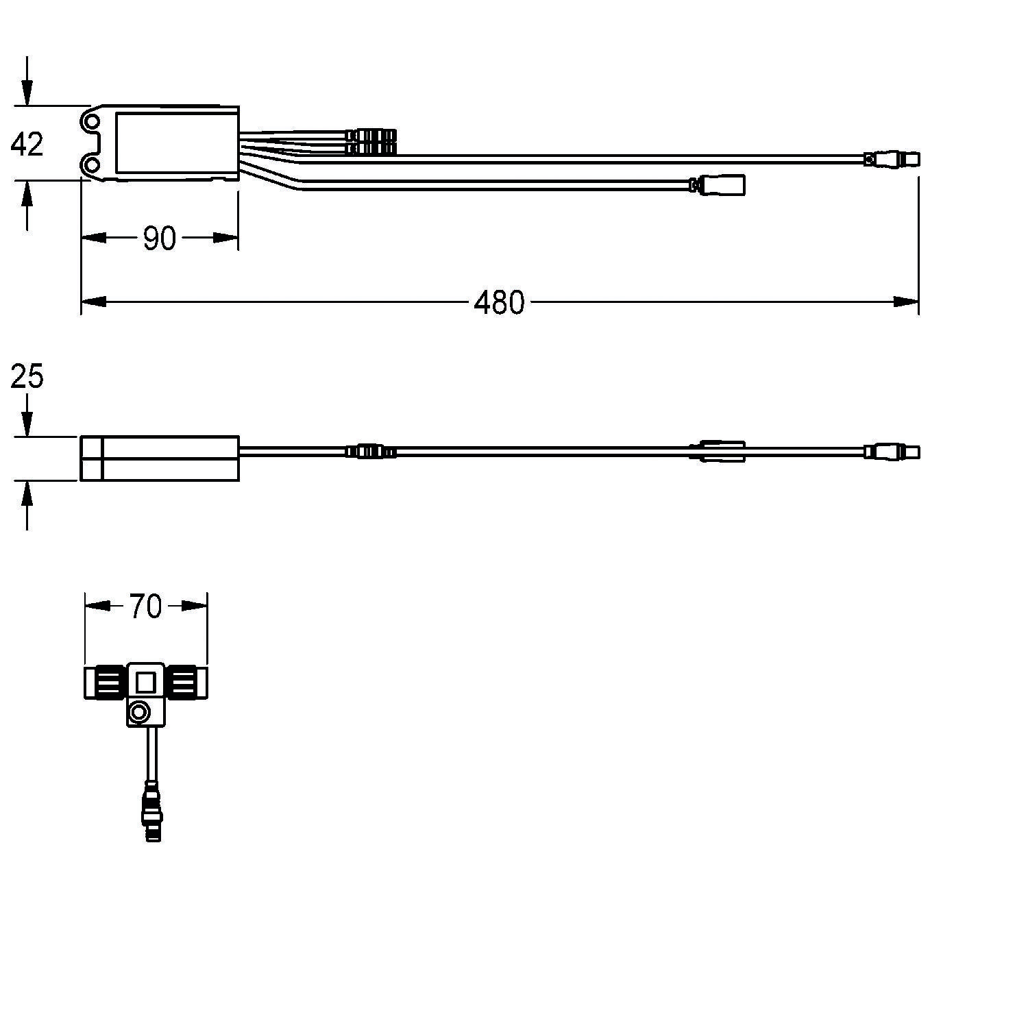 Technische Zeichnung einer elektronischen Komponente mit Abmessungen: 90 mm Länge, 42 mm Höhe, 480 mm Gesamtlänge und 25 mm Breite.