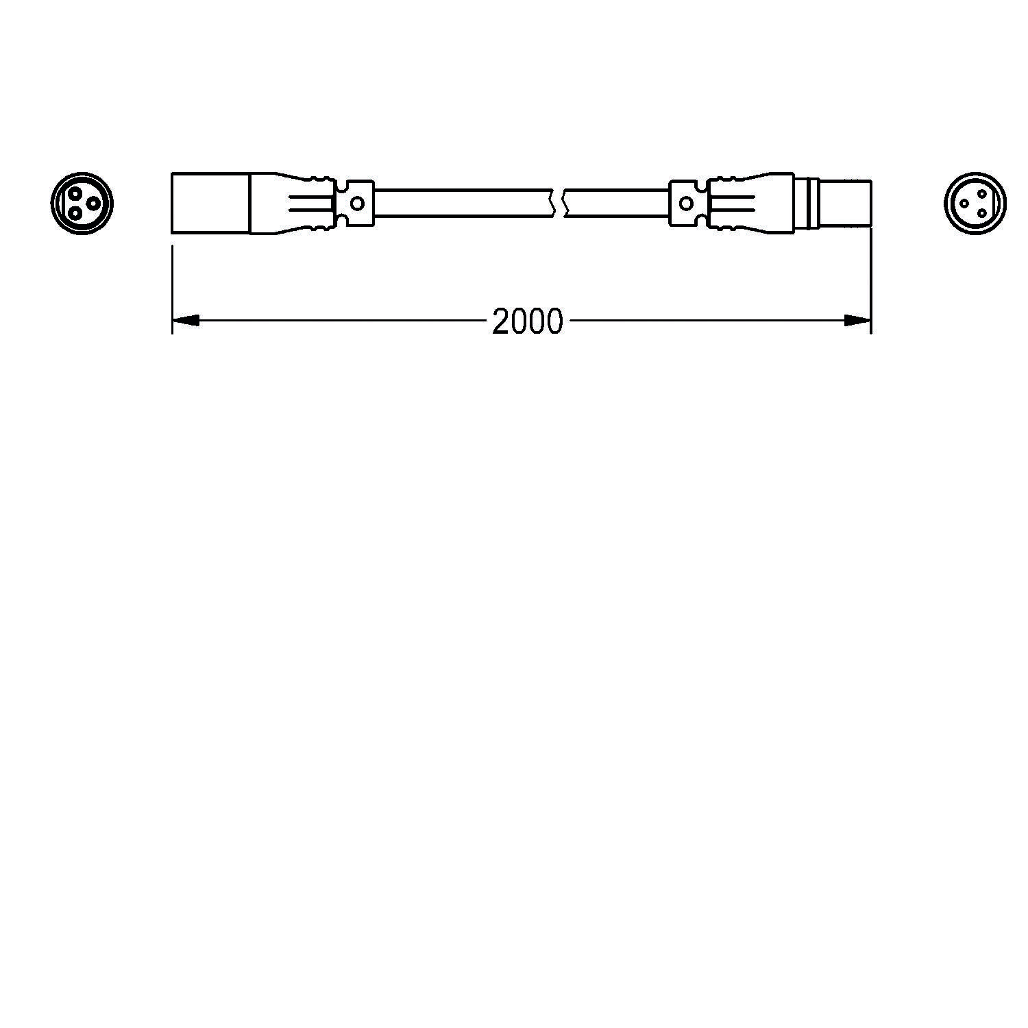 Kabeldiagramm mit einer Länge von 2000 mm und Anschlüssen an beiden Enden; Pfeile zeigen die Messung zwischen den Anschlüssen.
