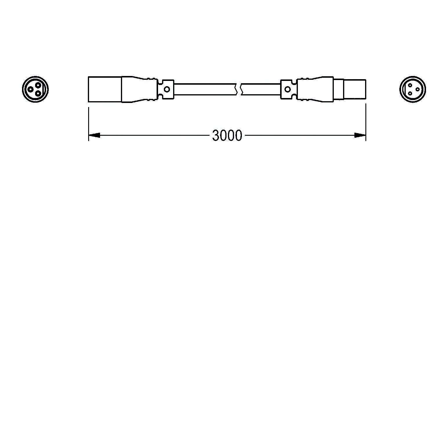 Diagramm eines Kabelsteckers mit einer Länge von 3000 Einheiten. Er verfügt an beiden Enden über Anschlüsse mit jeweils zwei kreisförmigen Stiften.