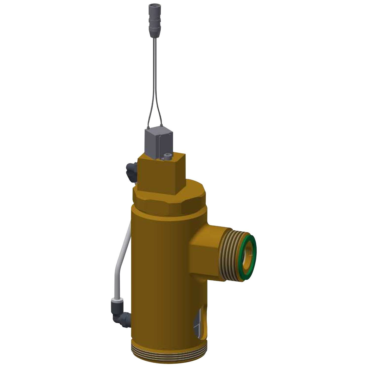 Ein detailliertes 3D-Rendering-Modell einer Bronzeventilkomponente mit angeschlossenen Drähten vor einem schwarzen Hintergrund, das Front- und Draufsicht zeigt.