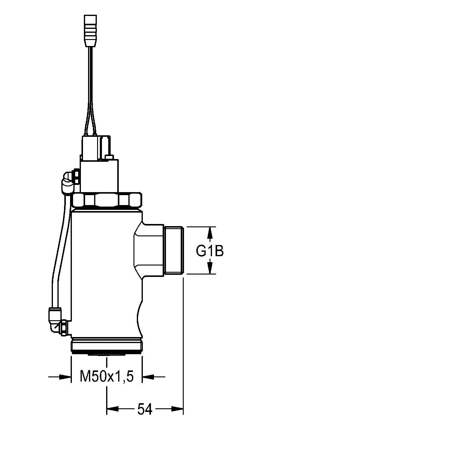 Technische Zeichnung eines Ventils mit Maßangaben: 'G1B', 'M50x1,5' und '54'. Enthält ein Kabel, das von oben herausgeht.